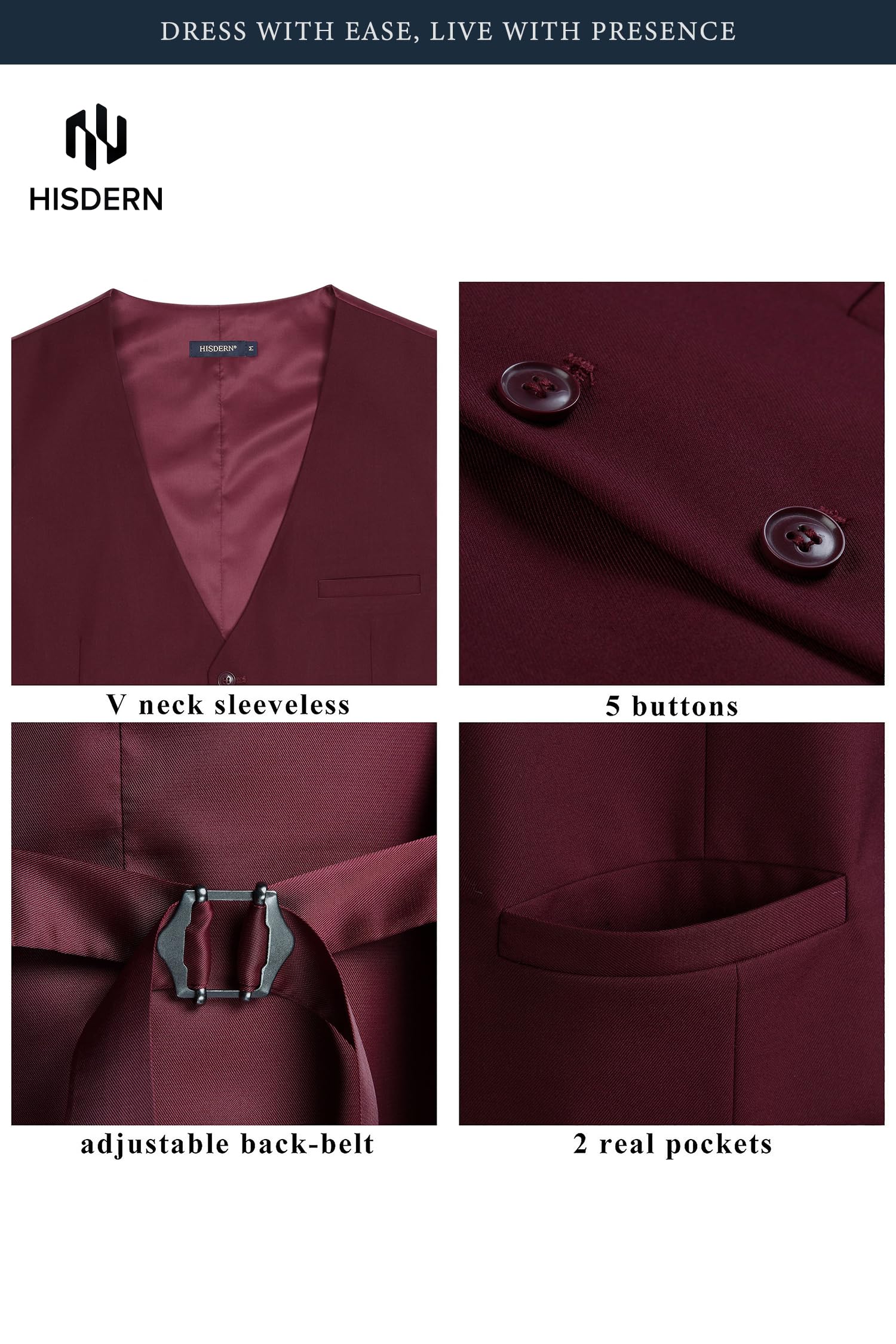 HISDERN Chaleco de Vestir para Hombre Chalecos de Traje Hombres Chaleco de Algodón para Formal Fiesta de Boda Borgoña L