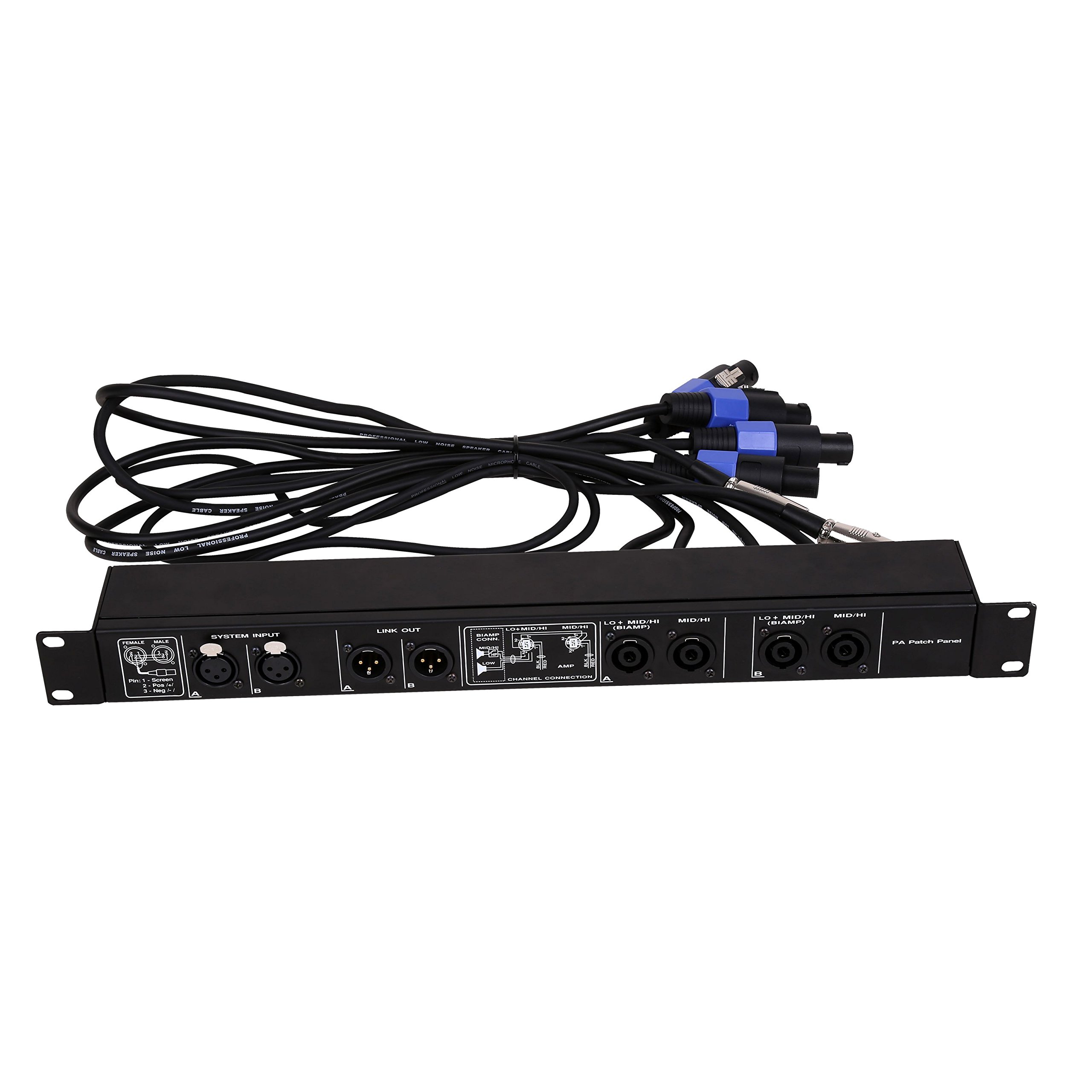 Fame Audio PA Patch Panel, 2-Kanal Endstufe, 1HE Rackblende, XLR In/Out, Speaker Twist Out, 50cm Kabel, für Endstufen und Frequenzweichen