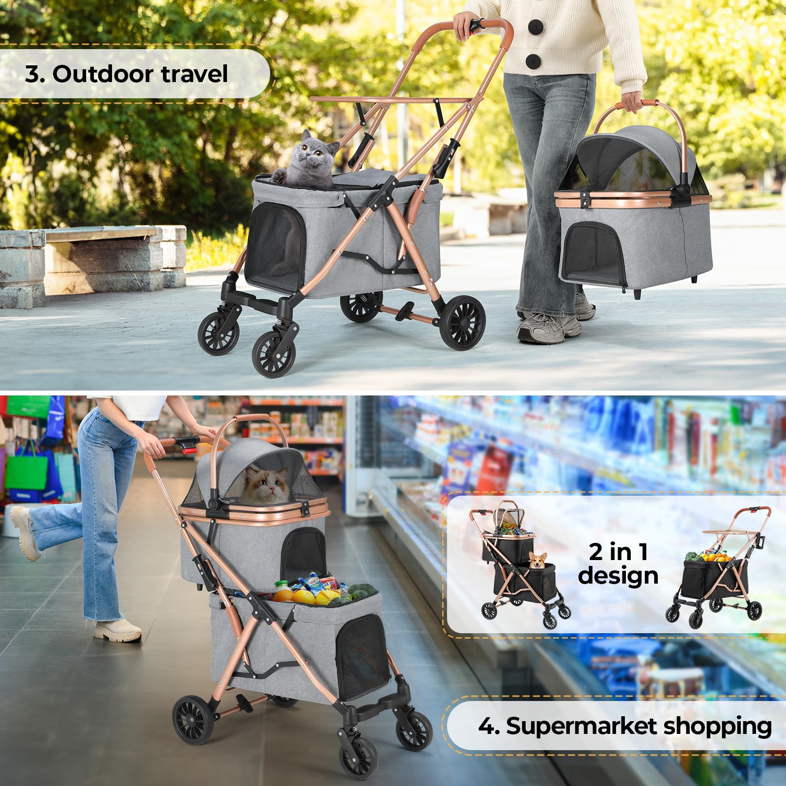 MAMIZO Passeggino Doppio Strato per Cani, Pieghevole Passeggino per Animali Domestici fino a 15 kg, Carrello per Cani con 4 PCS ruote, Passeggino Cane con Finestre a Rete e Portabevande, Grigio