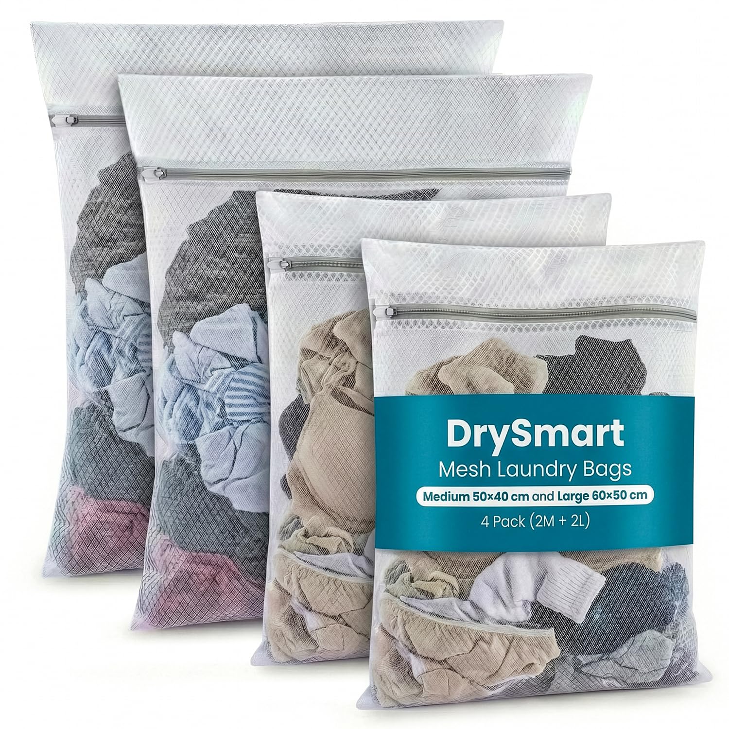 DrySmart Mesh Laundry Bags for Washing Machine, 2 Large 60x50cm & 2 Medium 50x40cm Reusable Delicates Washing Bag, Fine Net for Clothes, Lingerie, Socks, Bra & Laundry Care