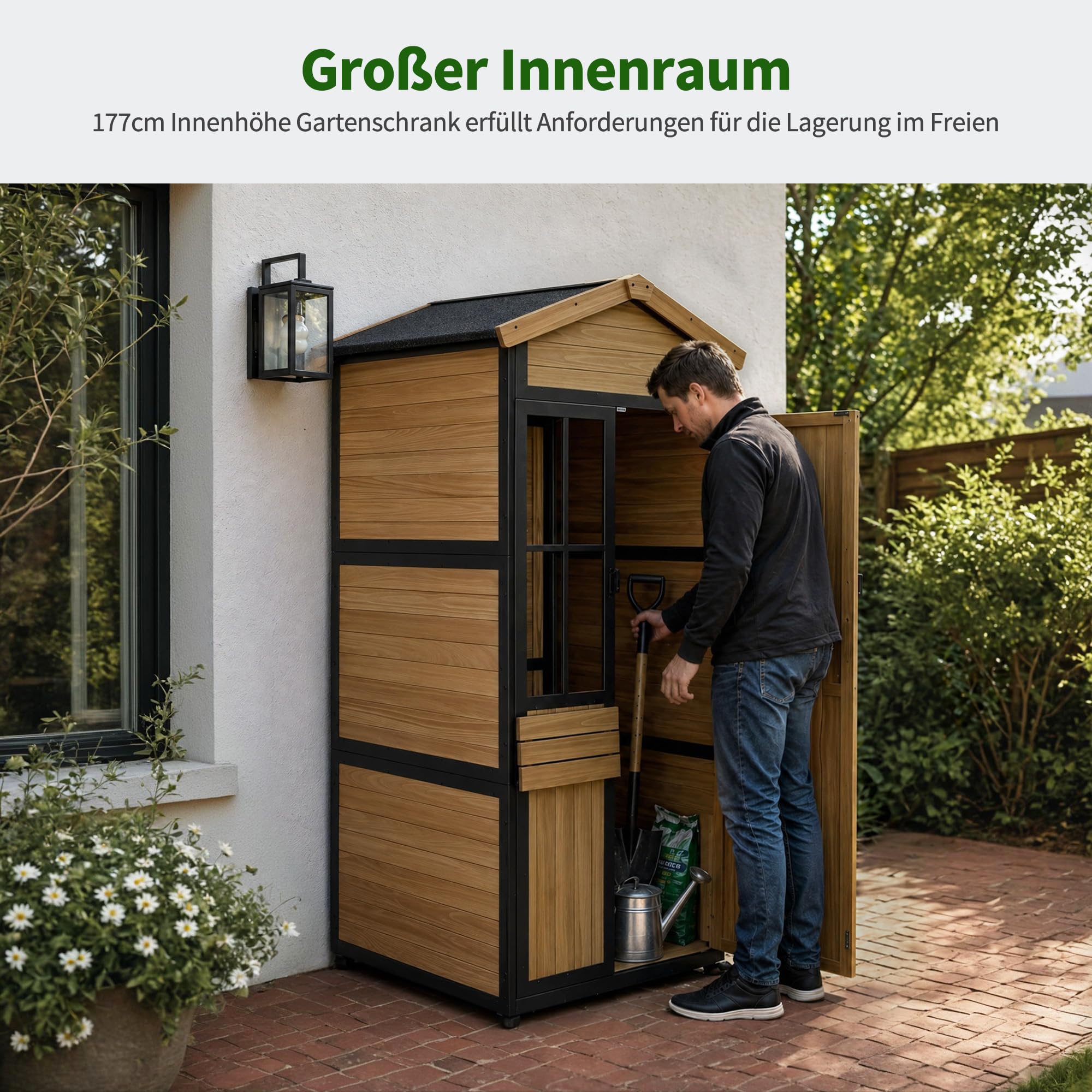 MCombo Gartenschrank Holz Metallgestell, Natur, 2750 | 3 Ablagen, Wetterfest, Wasserdicht, Für Außenbereich, Garten & Terrasse