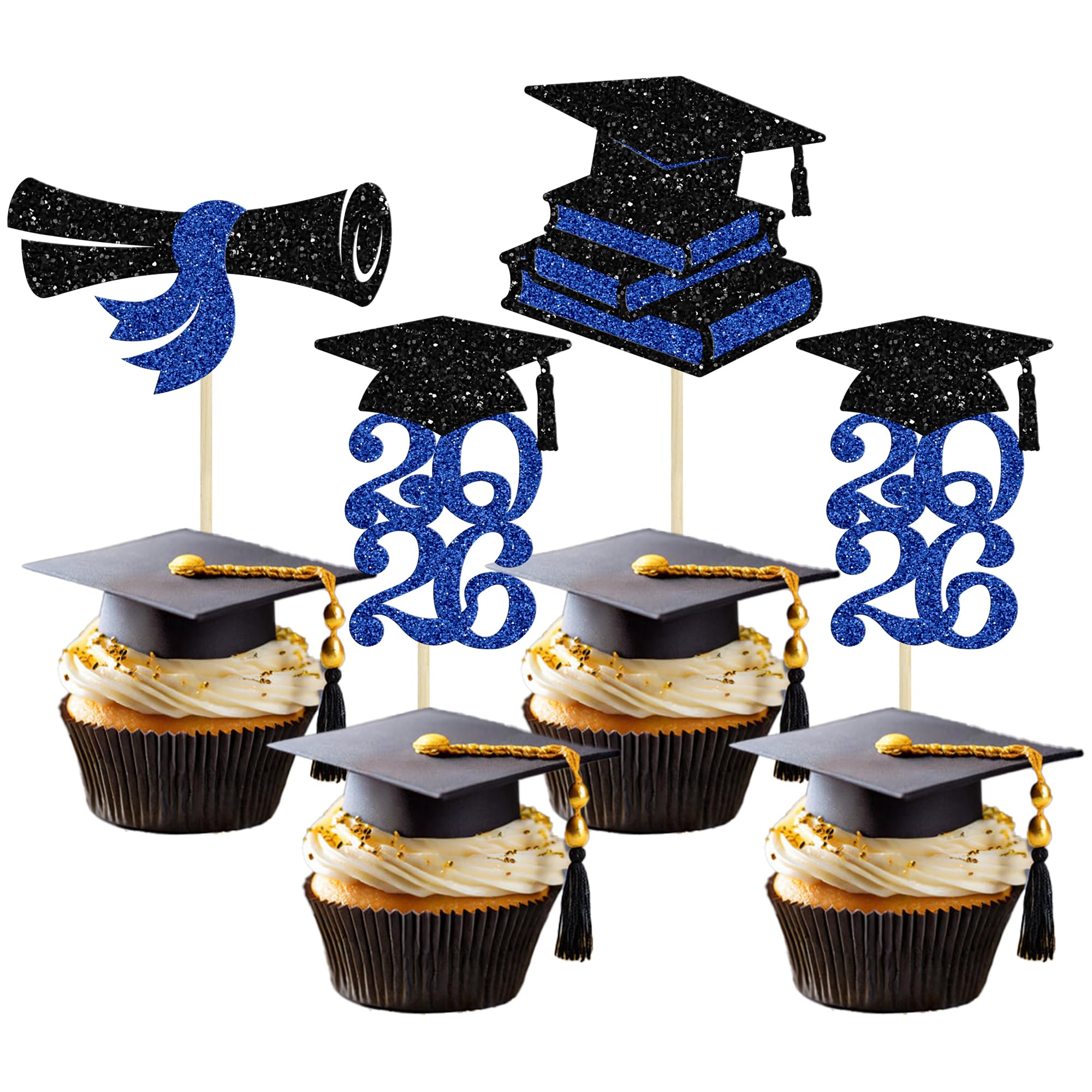 Ephlyn 24Pcs 2026 Graduation Theme Cupcake Toppers Glitter Class of 2026 Cupcake Picks Diploma Grad Cap Cupcake Decorations for 2026 Graduation Theme