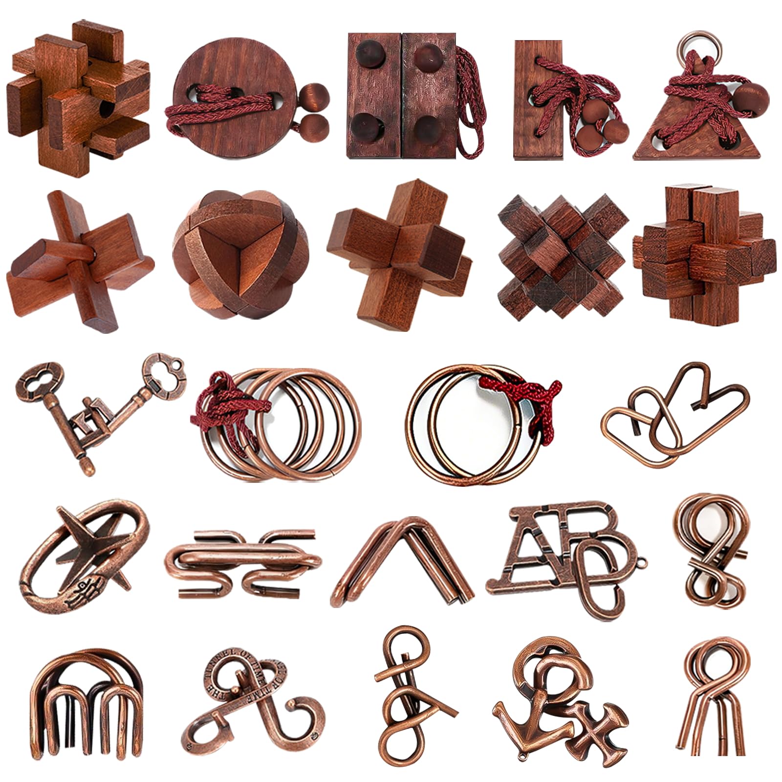 24 Stück 3D Puzzle Set aus Holz & Metall – Geduldspiele & Logikrätsel für Kinder, Jugendliche & Erwachsene – Intelligente IQ Spiele als Geburtstagsgeschenk, Mitgebsel & Gastgeschenk