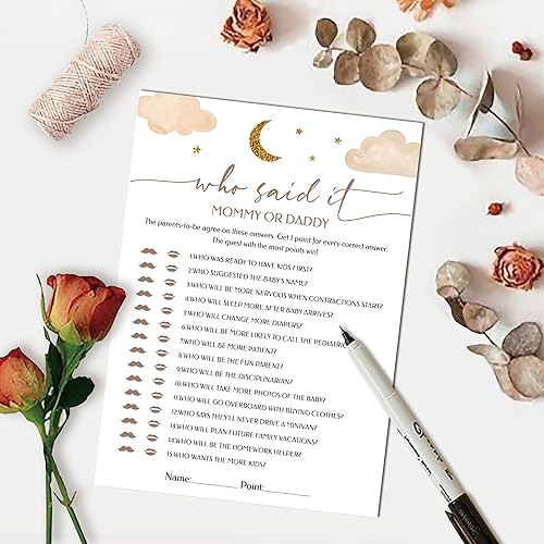 Miniatura 4 de Adivina quién mamá o papá juego de adivinanzas, juego de 25 cartas, juego de baby shower para niña o niño, fiesta de revelación de género, Twinkle