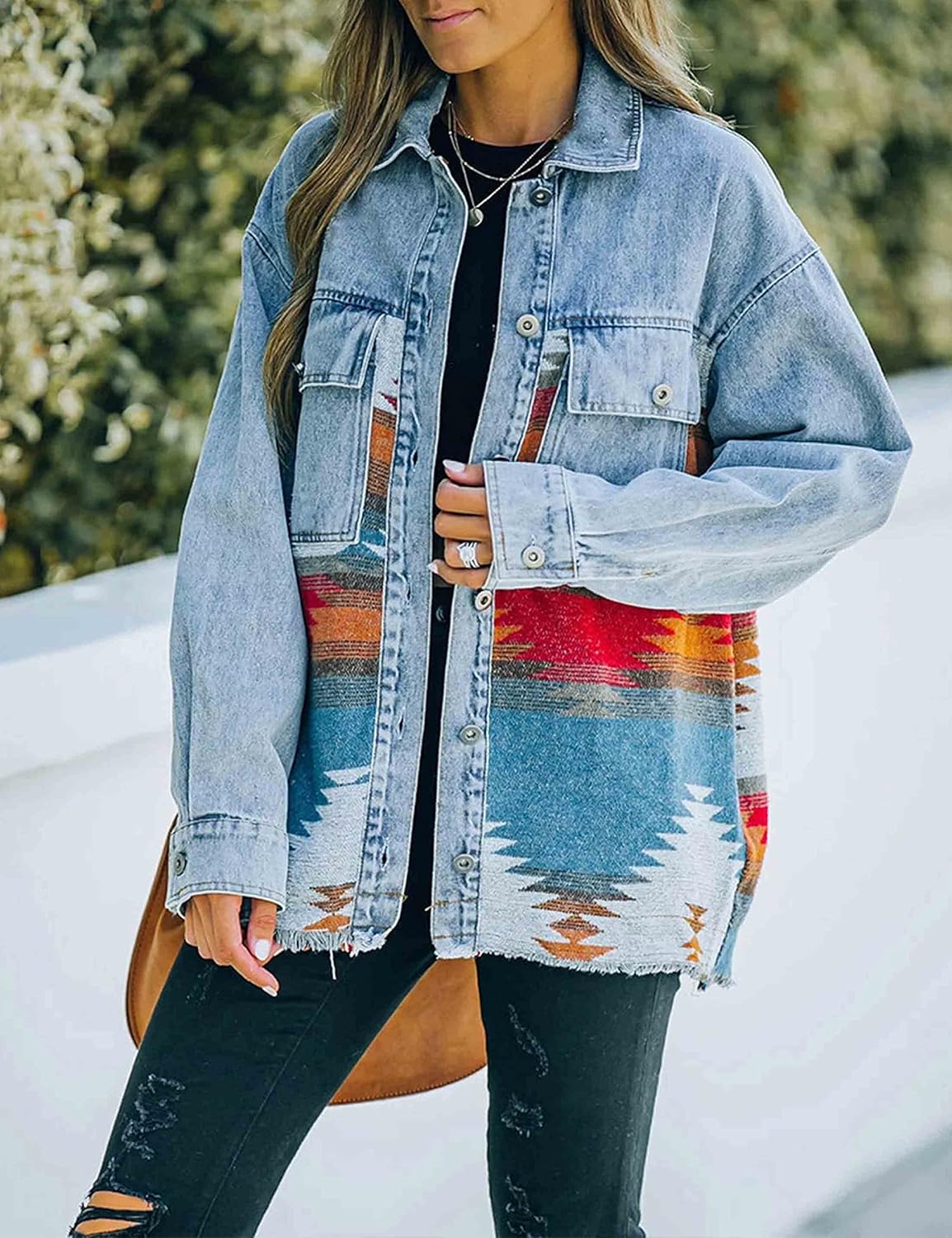 HangNiFang Aztec Denim Jacket Shacket for Women Button Down Vintage Distressed Blue Jean Jacket - Image 2