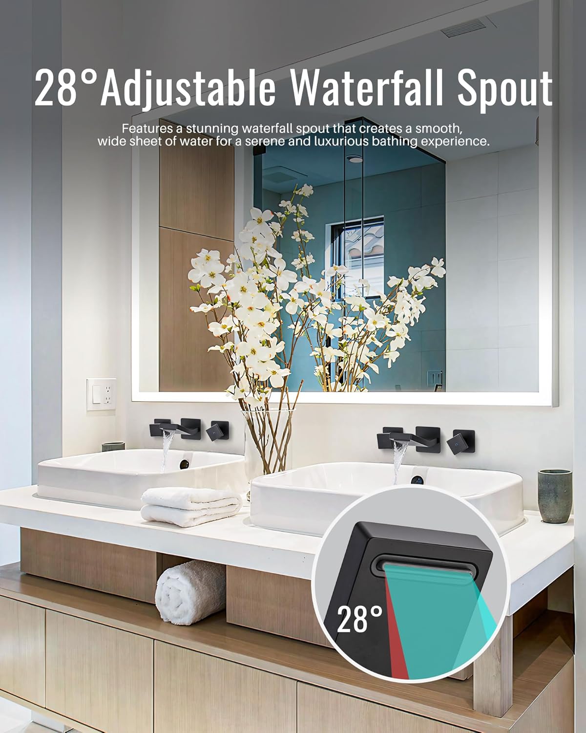 ARCORA Wall Mount Bathroom Faucet: Matte Black Dual Handle Wall Mount Waterfall Vessel Sink Faucet Brass Rough-in Valve Included
