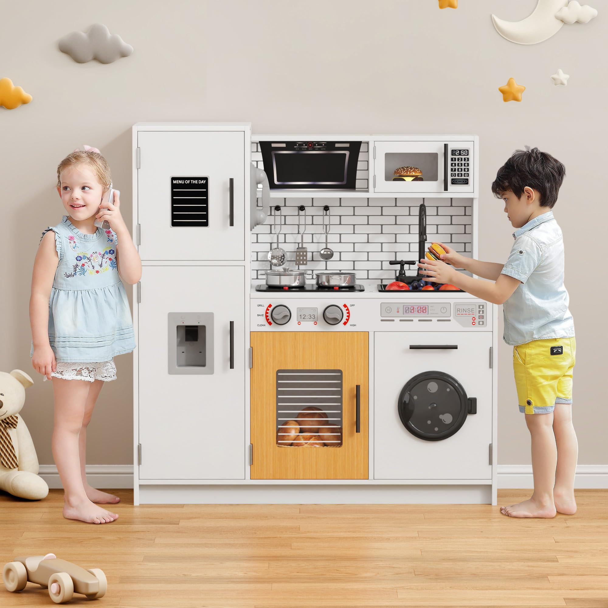 sogesfurniture Play Kitchen Set for Kids, Toddler Kitchen Set with Cookware Sink Microwave Washing Machine Fridge,Chef Pretend Kitchen Playset with Real Lights&Sounds, Toy Gift for Boys Girls, Age 3+