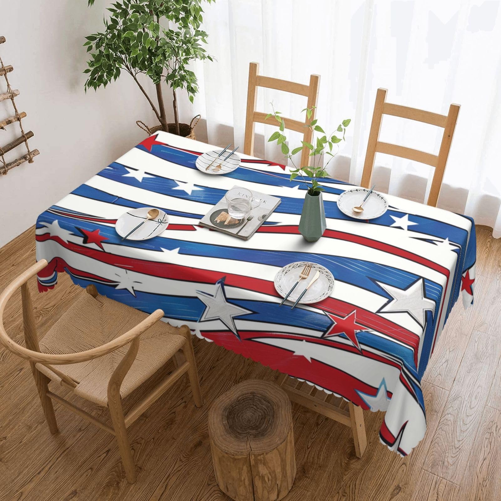 WPKJU Patriotic Stars Strips Independence Day Printed Rectangle Tablecloth 72x54 Inch with Lace Trim, Water-Resistant Washable Table Cover for Farmhouse Weddings, Outdoor Picnics & Holiday Dining