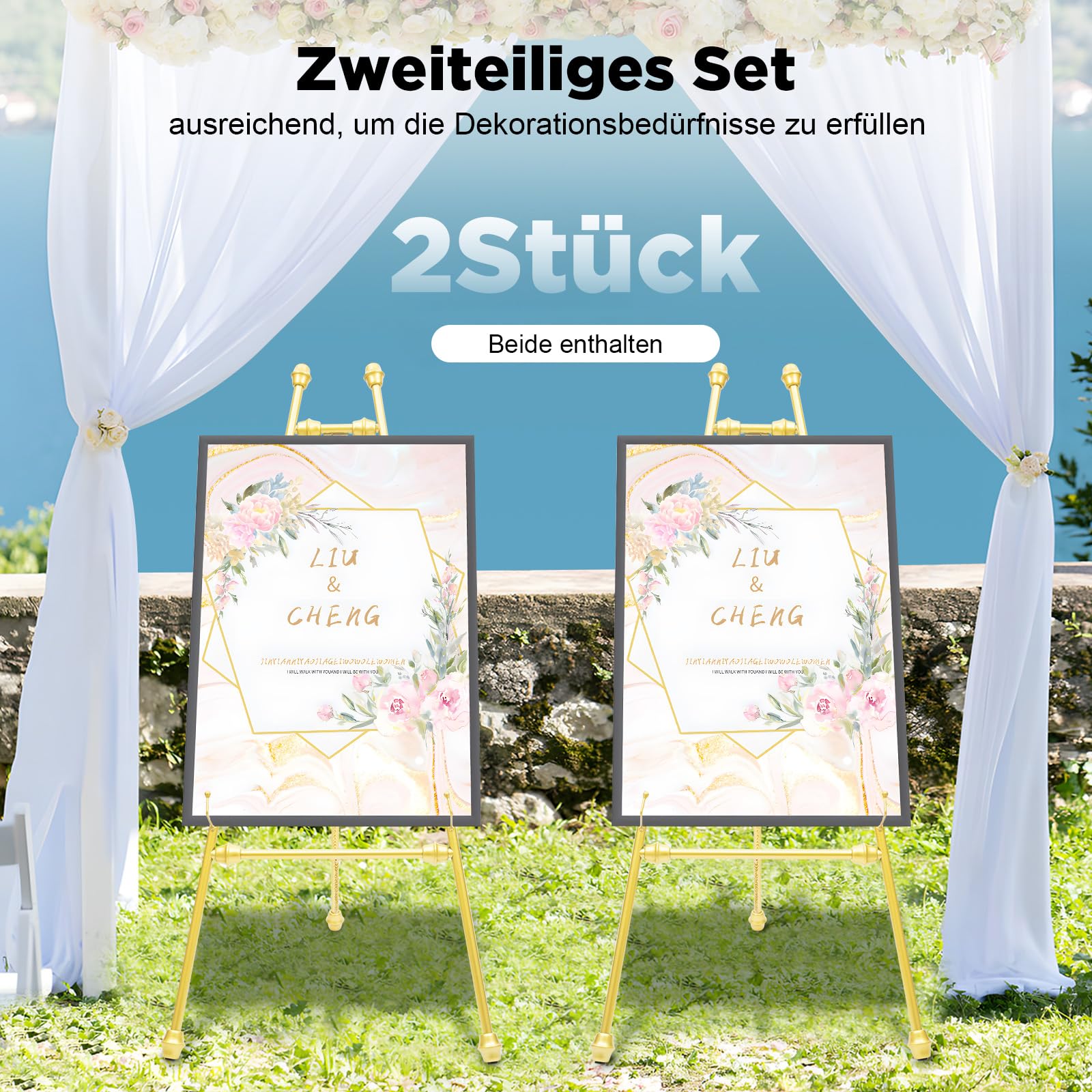 2 Stücke Staffelei Ständer Staffelei Display Ständer für Hochzeitsschild & Poster, Goldene Display-Halter mit verstellbaren Haken, Gold Hochzeit Staffeleien für Willkommensschilder
