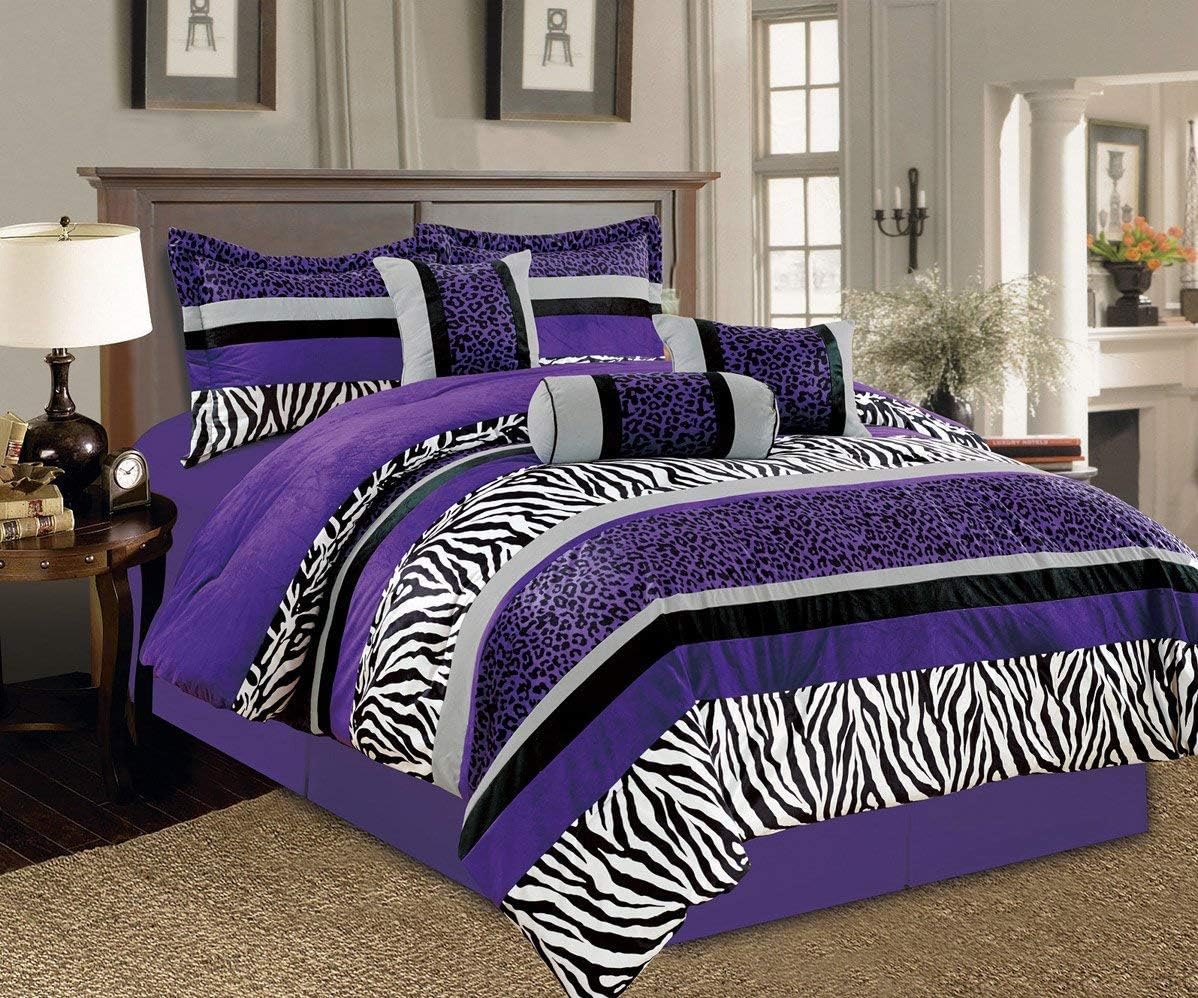 Grand Linen5 Piece Oversize Purple Black White Zebra Leopard Micro Fur Comforter Set Twin Size Bedding - Teen, Girl, Youth, Tween, Children's Room, Master Bedroom, Guest Room