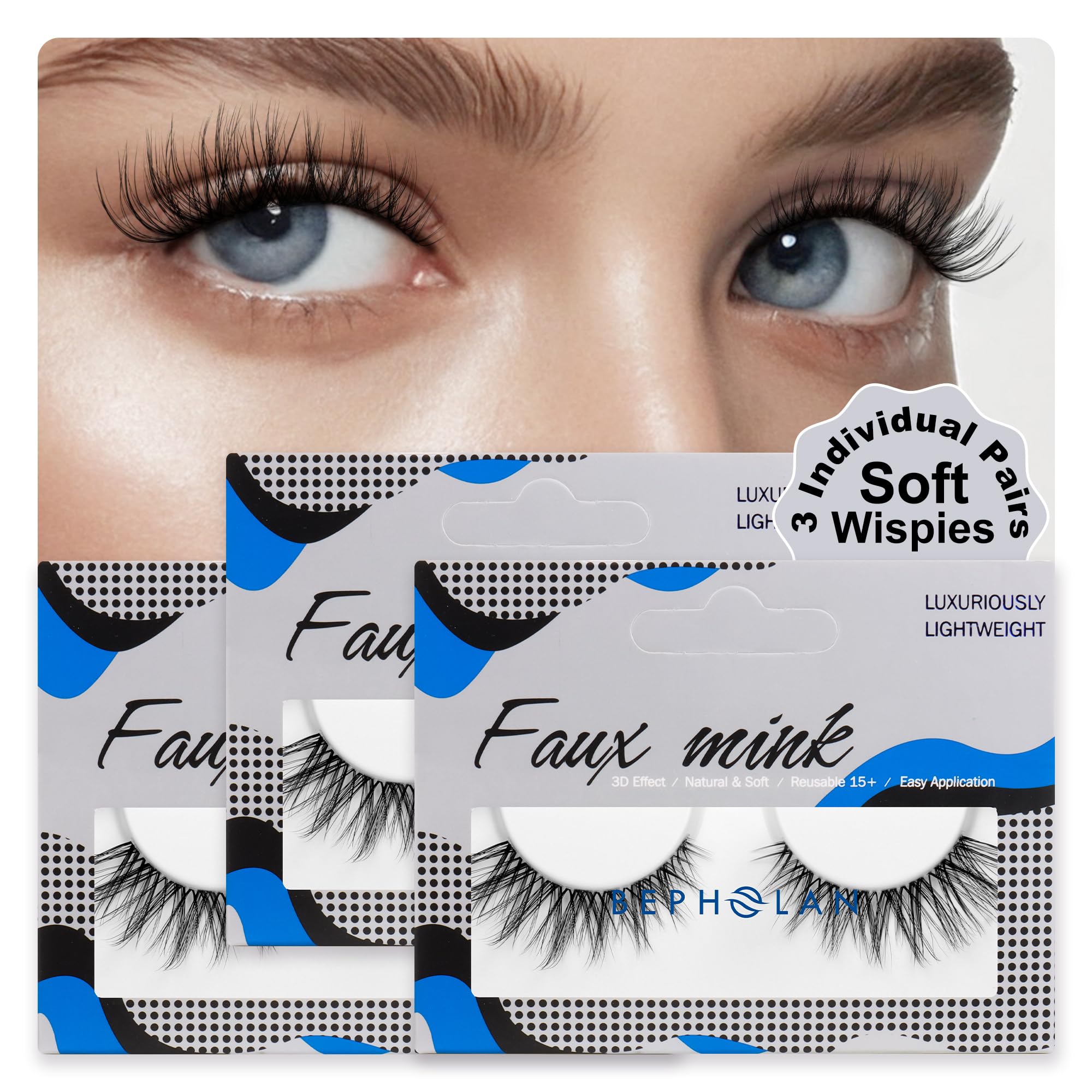 BEPHOLAN False Eyelashes 6-16mm Wispy Eyelashes Natural Look 100% Handmade Fake Lashes Lightweight Short Lashes with Soft Clear Band 3 Pairs Pack(