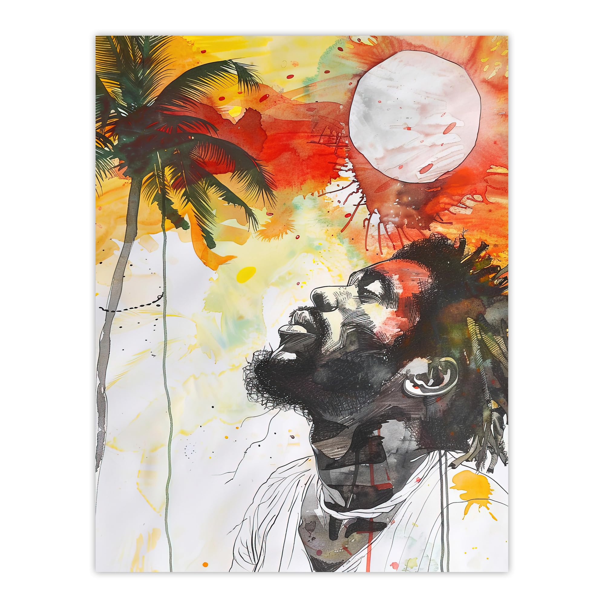 Artery8 Jamaican Man Portrait Sunset Palm Tree Rastafari Living Room Large Wall Art Poster Print Thick Paper 18X24 Inch