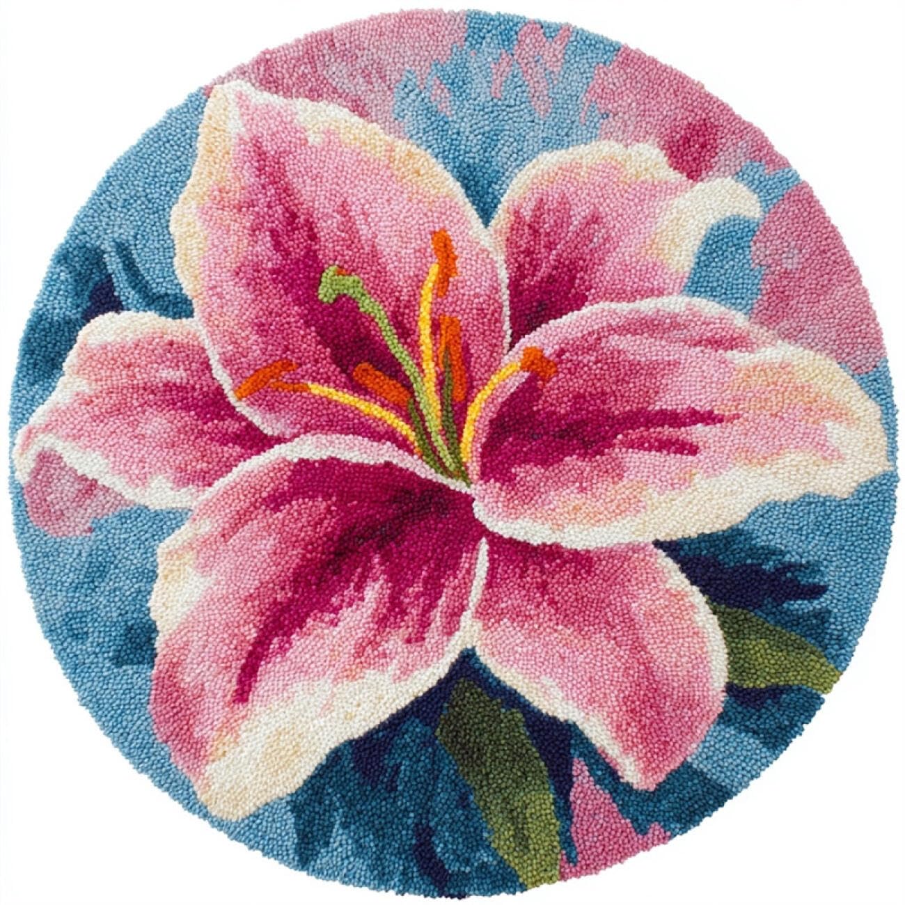 Kitquiver Round Rug Latch Hook Kit Pink Lilies 60x60cm