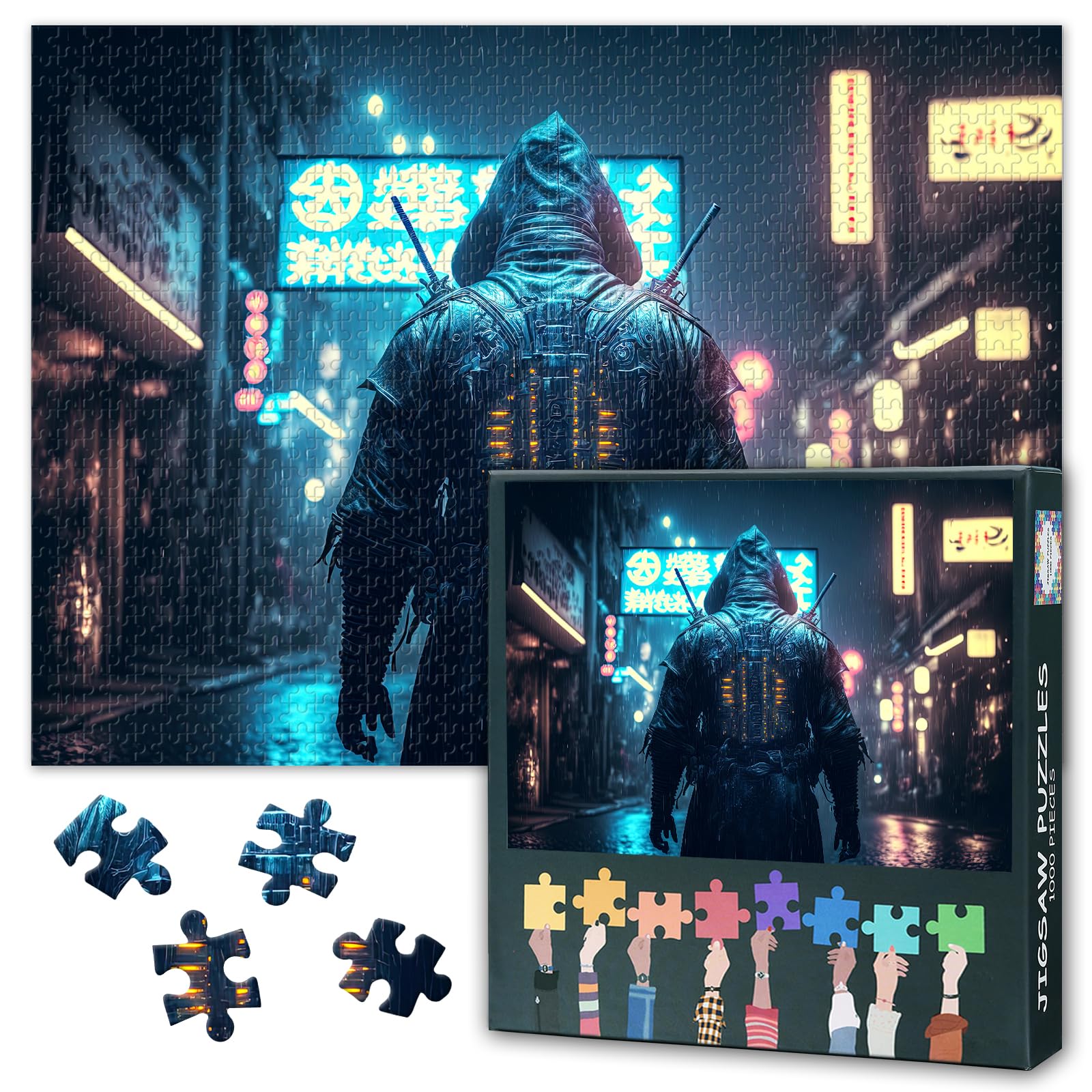 Puzzles for Adults 1000 Pieces | Samurai in the Middle of Street with Blurred Neon Lights at Night Jigsaw Puzzles with Premium Cut | Challenging 1000 Piece Puzzle for Adults 27.5" x 19.6" — image 1