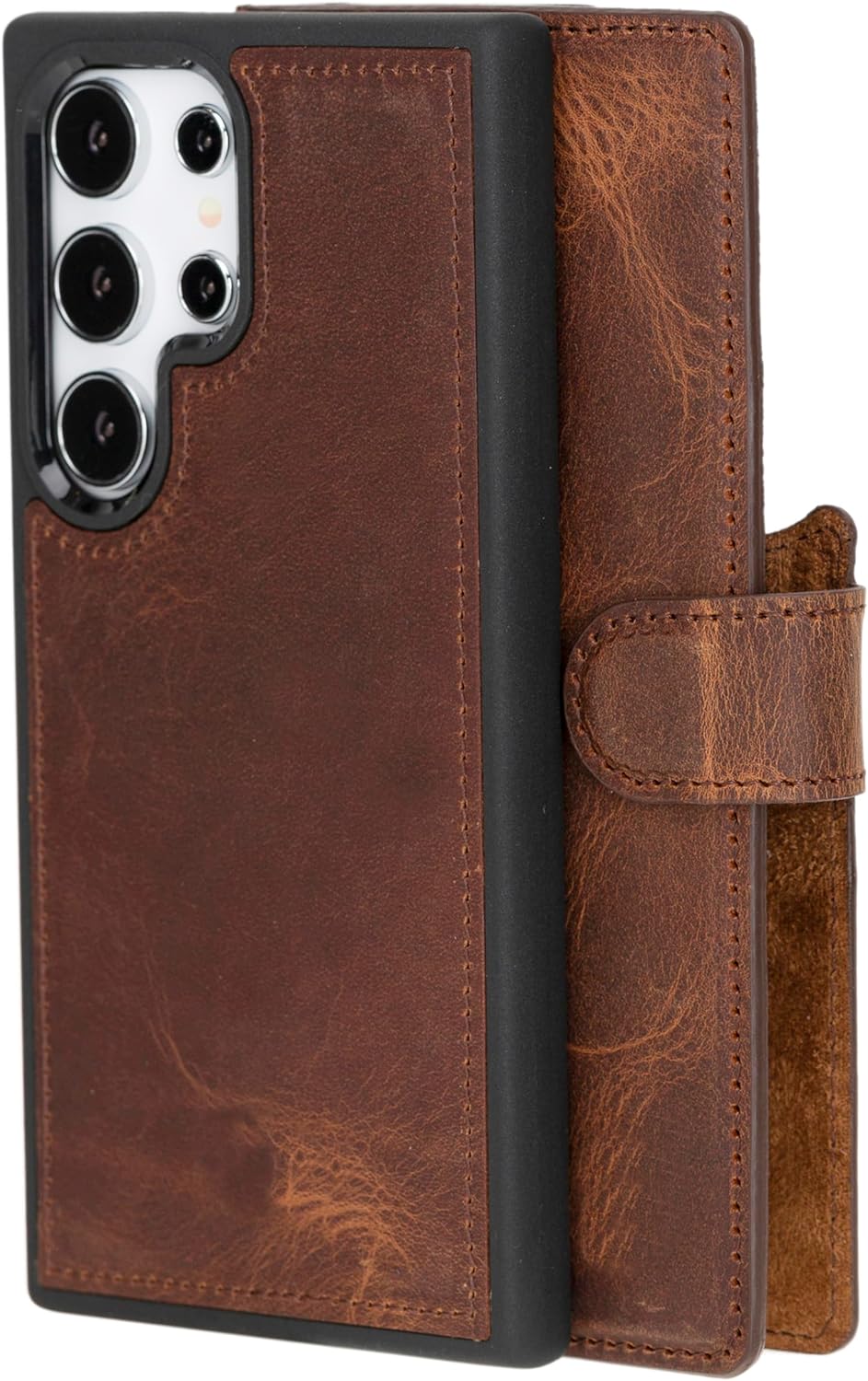 Premium Genuine Leather Case for Samsung Galaxy S25 Ultra - RFID Protection, 4 Card Slots, Cash Holder, Wireless Charging Compatible, 360° Protection, Built-in Stand, Magnetic (Antic Brown)