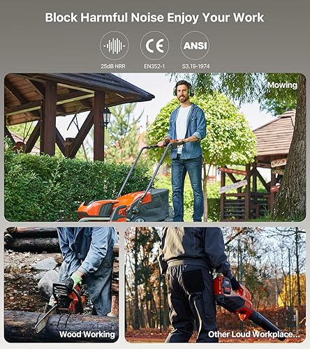 Miniatura 9 de Auriculares de protección auditiva Bluetooth con radio FM AM, protectores auditivos recargables NRR de 25 dB, ideales para cortar el césped,