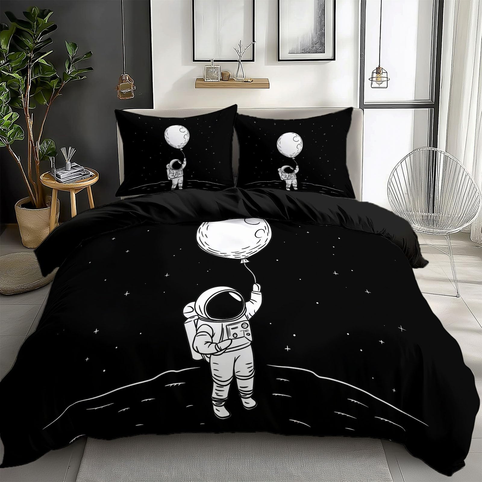Duvet Cover King Size Cartoon Line Drawing Astronaut Reversible 3 Pieces Duvet Cover Set, Bedding Set for All Season, Soft and Breathable Bedding Set with Zipper Closure
