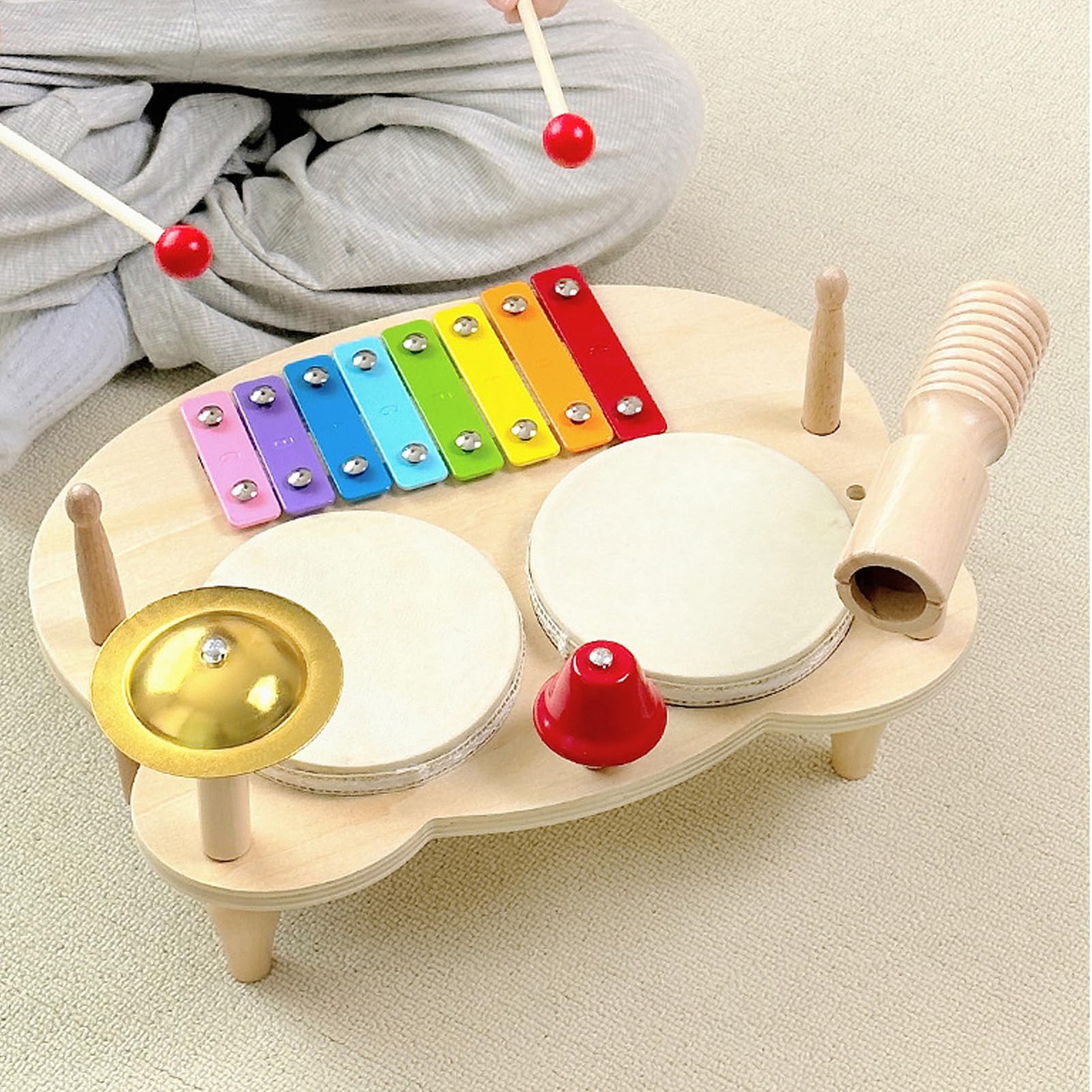Cryfokt Juego de Batería de Madera para Niños, Juguete Educativo de Música de Percusión para Niños y Niñas, Instrumentos Musicales Todo en 1 para Educación Musical, Material de Madera para Manos