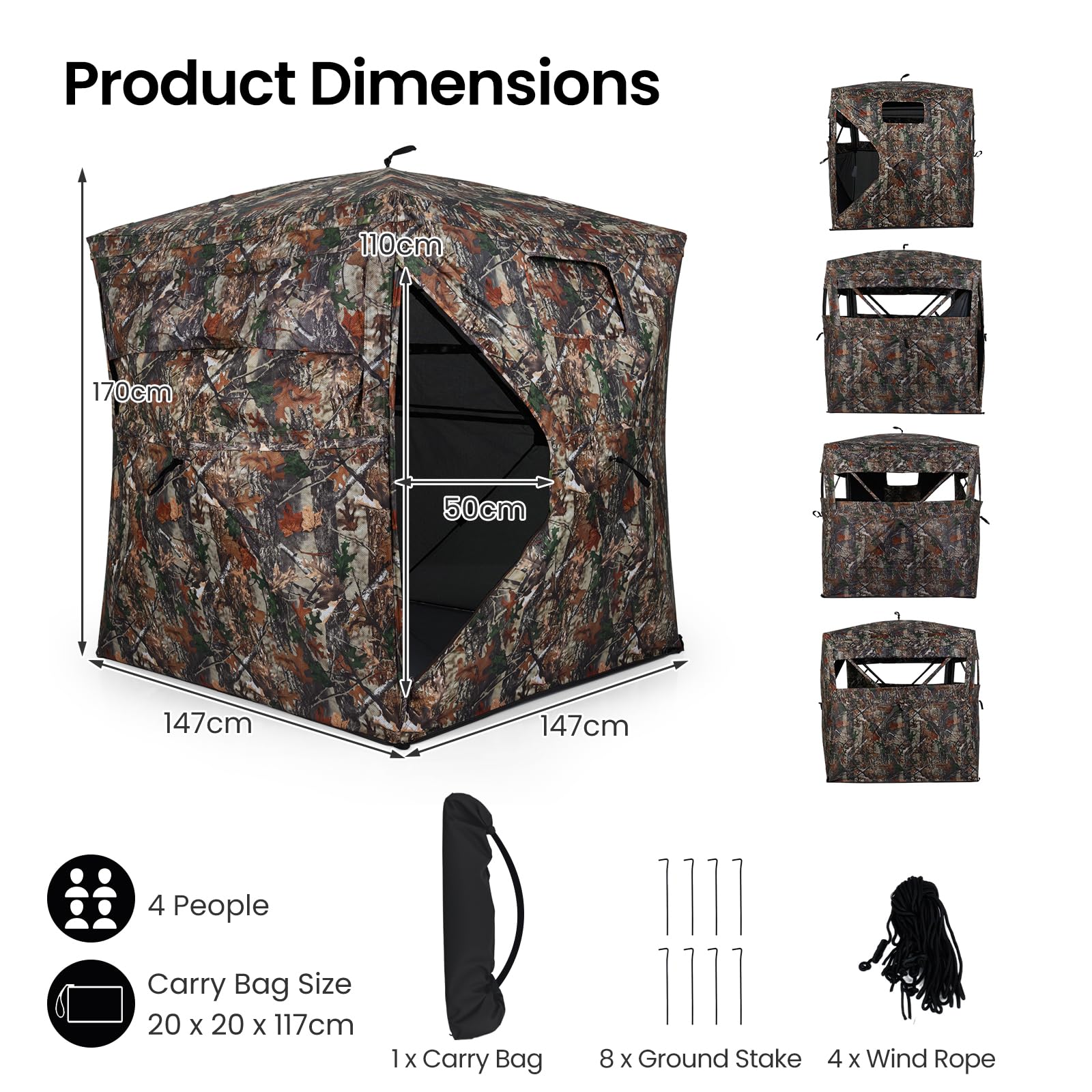 HOMASIS Persiana de Caza Portátil, Cobertizo de Camuflaje con Visión de 360°, Cobertizo de Caza de Ciervos y Pavos con Ventanas y Bolsa de Transporte, para 2-4 Personas, Camuflaje