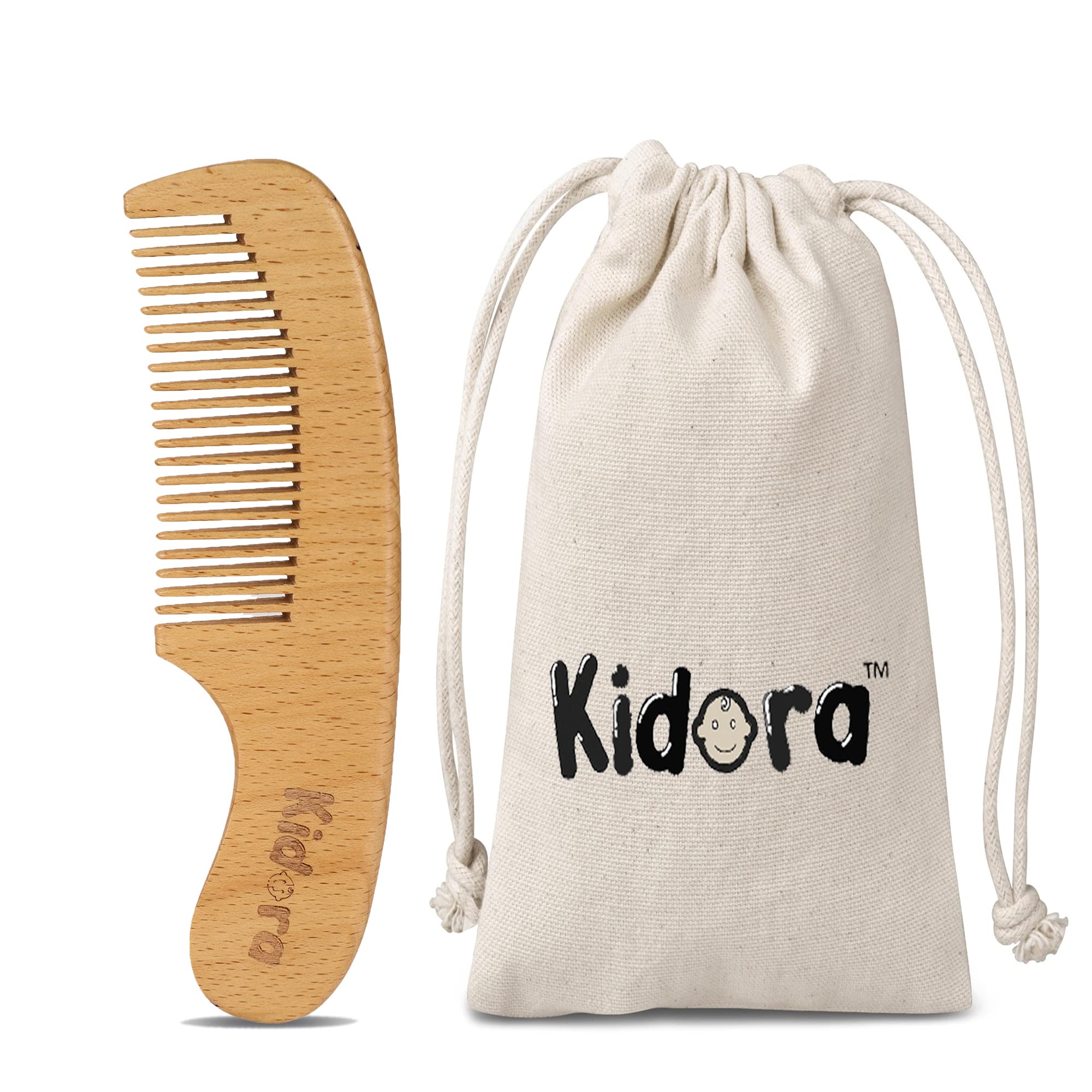 Kidora Baby Comb | Wooden Comb for Baby Hair Care | Hair Comb for New Born & Kids | Non Static Wooden Hair Comb with Carry Pouch
