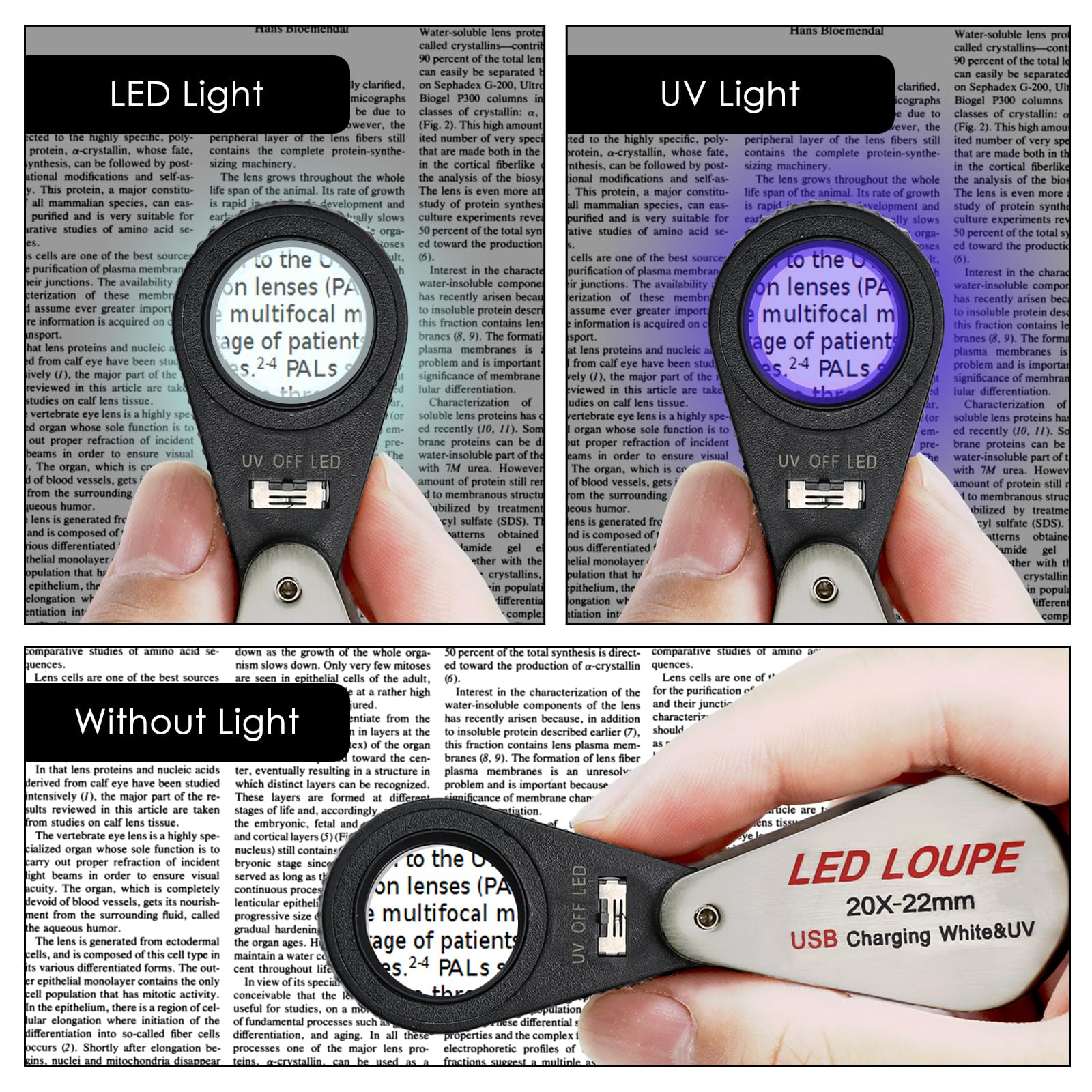 Lupa de 20 aumentos con luz LED y UV, lupa plegable de bolsillo, lupa recargable por USB para joyas, piedras, monedas