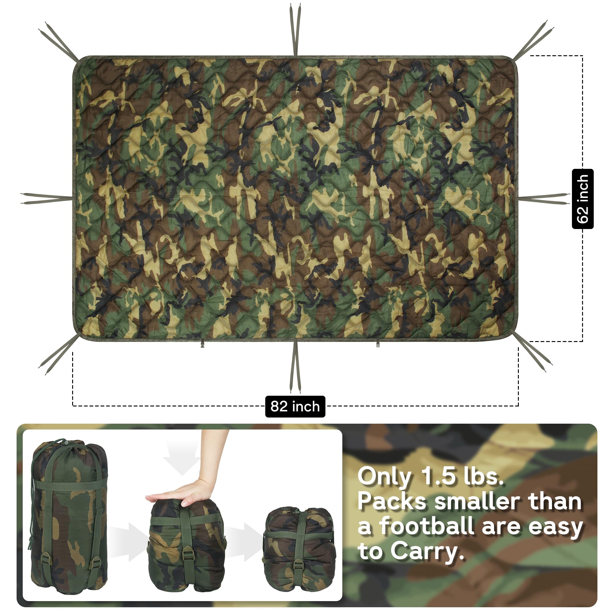 Mirzoyan Woobie - Coperta impermeabile a poncho, isolata termicamente, coperta da campeggio, con borsa per il trasporto, per escursioni all'aperto, sopravvivenza (bosco)