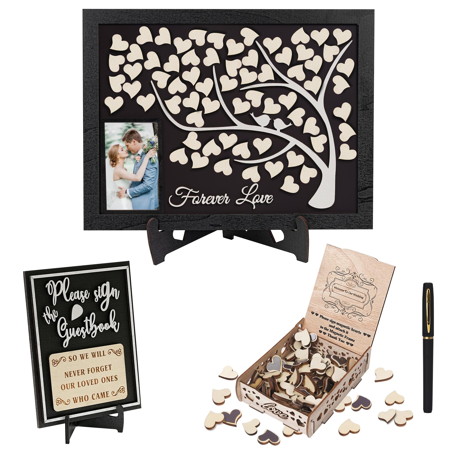 JUSGODA Magnetic Wedding Guest Book Alternative, Guest Book Wedding Reception, Wooden Wedding Guest Book with Picture Frame, 70PCS Wooden Hearts for Wedding, Anniversary, Indoor and Outdoor Ceremony