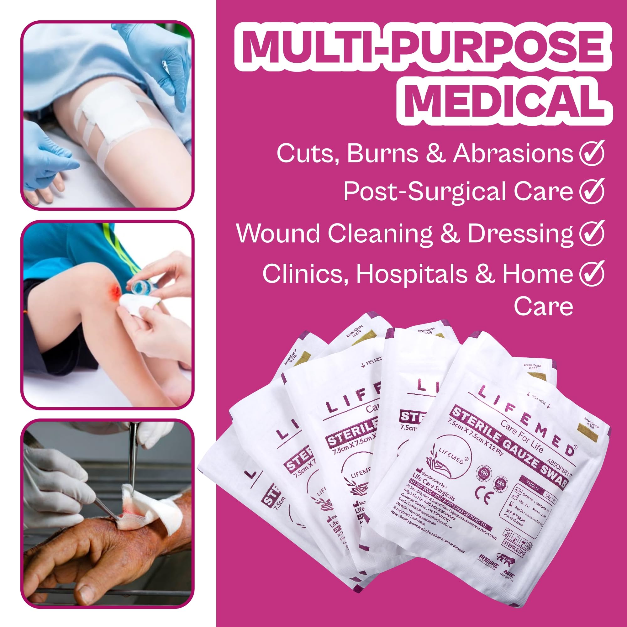 LIFEMED Absorbent Sterile Gauze Swabs 7.5 X 7.5 Cm, 12 Ply, 4 Pcs/pack, 10 Packs (40 Dressings), Highly Absorbent Wound Dressing Pads for First Aid, Surgical Procedures, Clinics & Hospitals 3