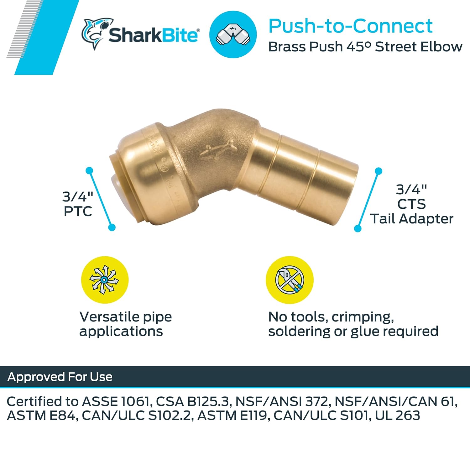 SharkBite 3/4 Inch 45 Degree Street Elbow, Push to Connect Brass Plumbing Fitting, PEX Pipe, Copper, CPVC, PE-RT, HDPE, U620LFA