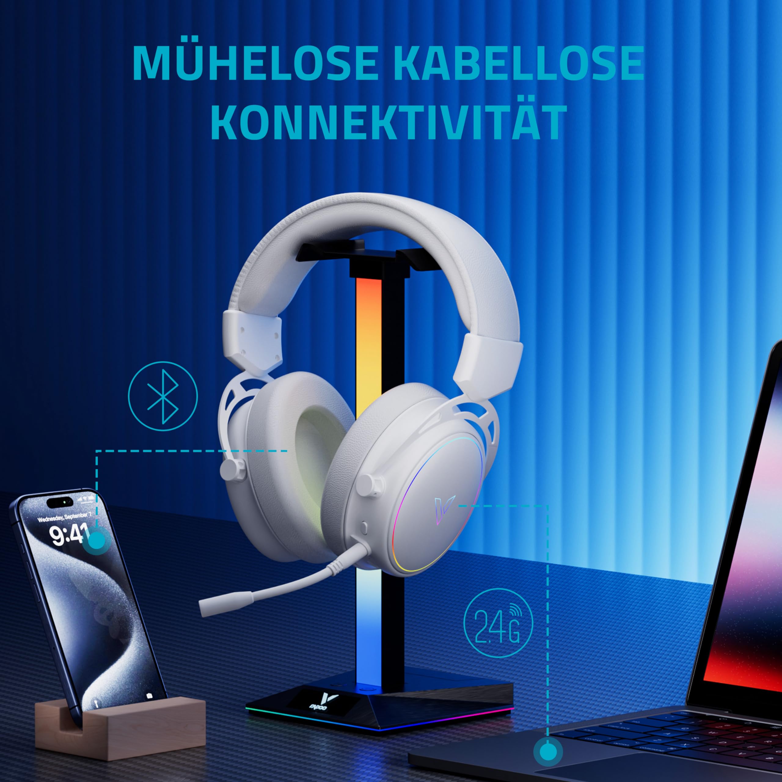 Rapoo Auriculares inalámbricos VH800 para Videojuegos, micrófono Flexible con Silencio, Almohadillas de Piel sintética, batería de 46 h, Auriculares Bluetooth y PC de 2,4 GHz, Mac, Xbox One, PS4,