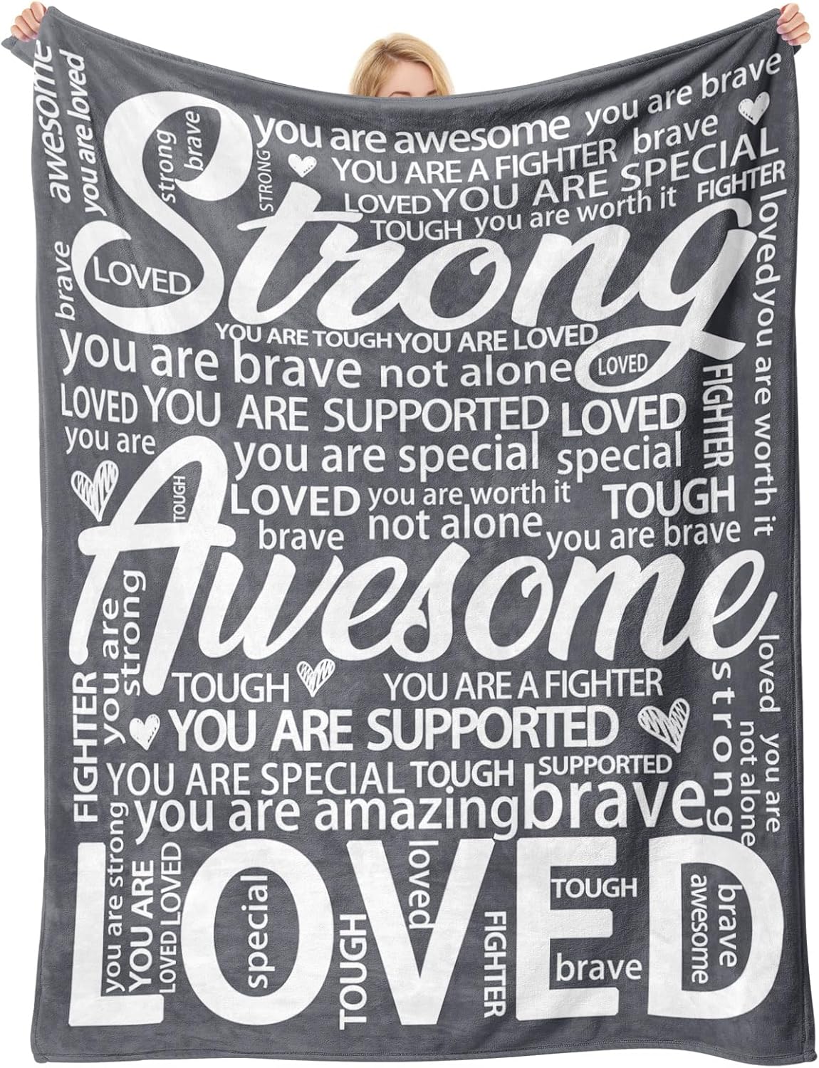 Get Well Gifts for Women or Men, Inspirational Blanket for Her Him, Cancer Care Gifts for Women, Thinking of You Gift for Mom, Husband, Friend, Sister - Grey Encouragement Blanket 60'' x 50''