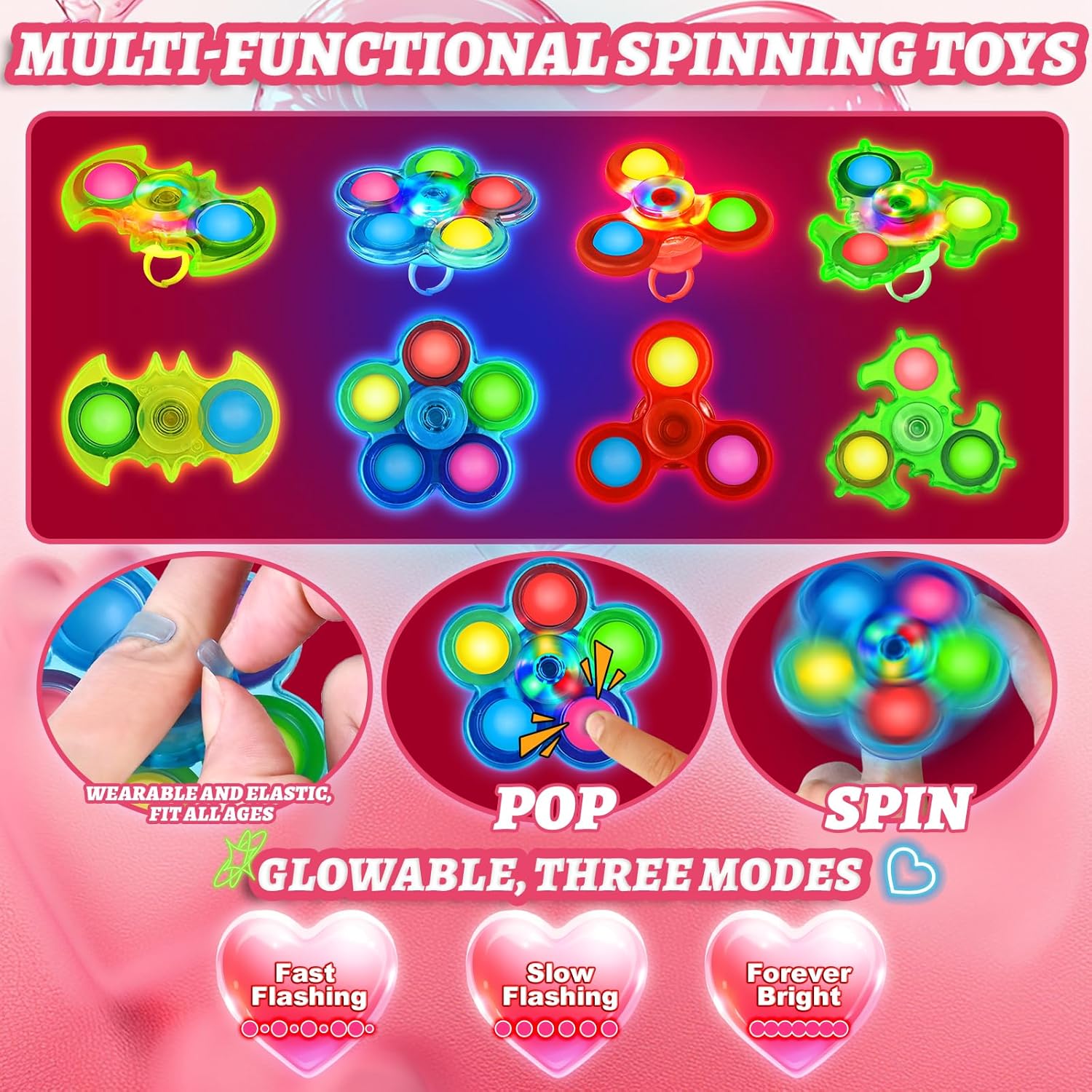 SpringFlower Valentines Day Gifts Cards for Kids, 24 Pack Valentines Cards with Light Up Rings Fidget Spinner Toys for Valentines Party Favors, Valentines Day Gifts Exchange for School for Kids