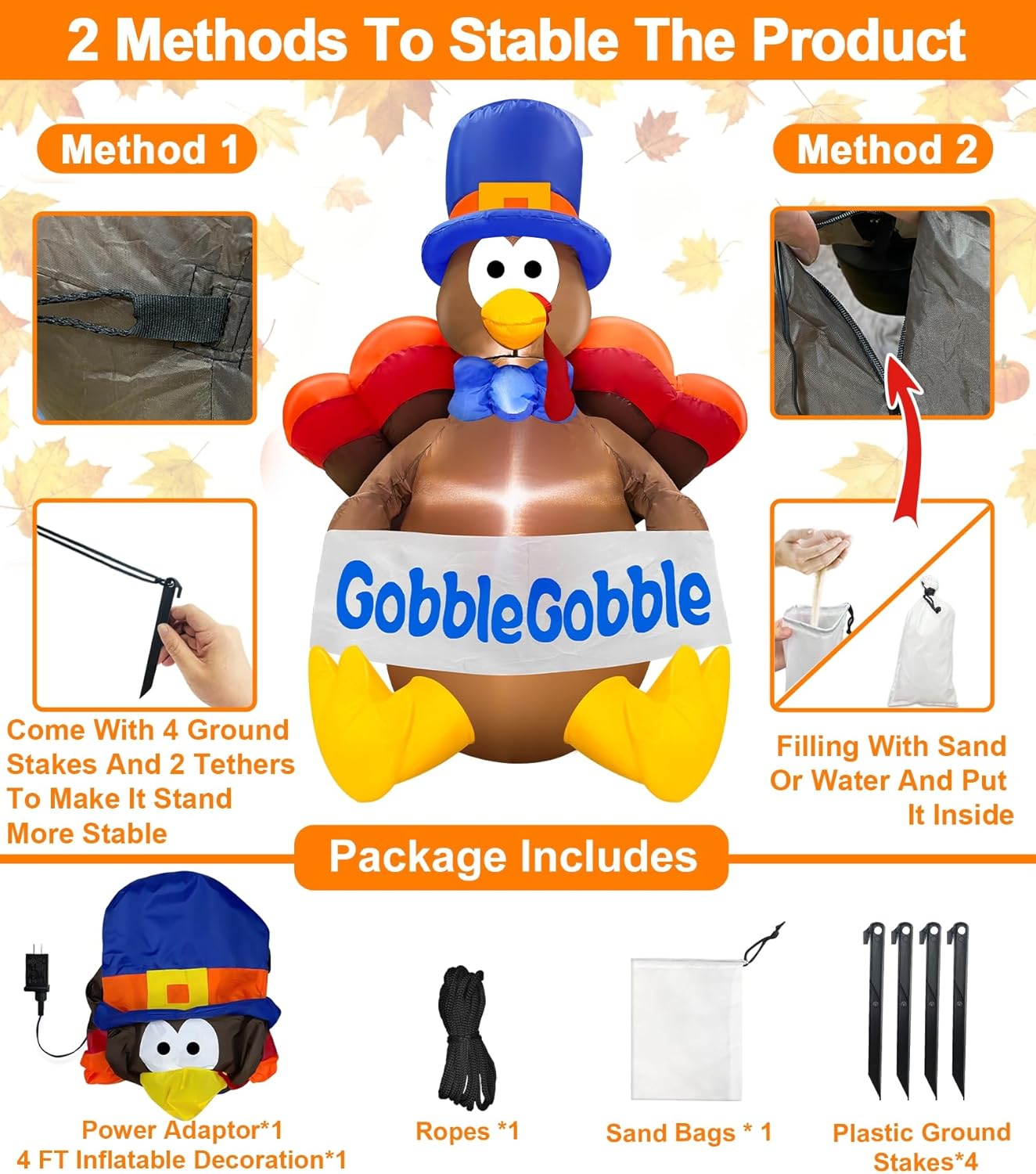 TURNMEON 4 Ft Thanksgiving Inflatables Turkey Outdoor Decorations Blow Up Turkey Holds GobbleGobble Banner Built-in LEDs Fall Thanksgiving Decorations for Home Outside Yard Lawn Garden Holiday Party