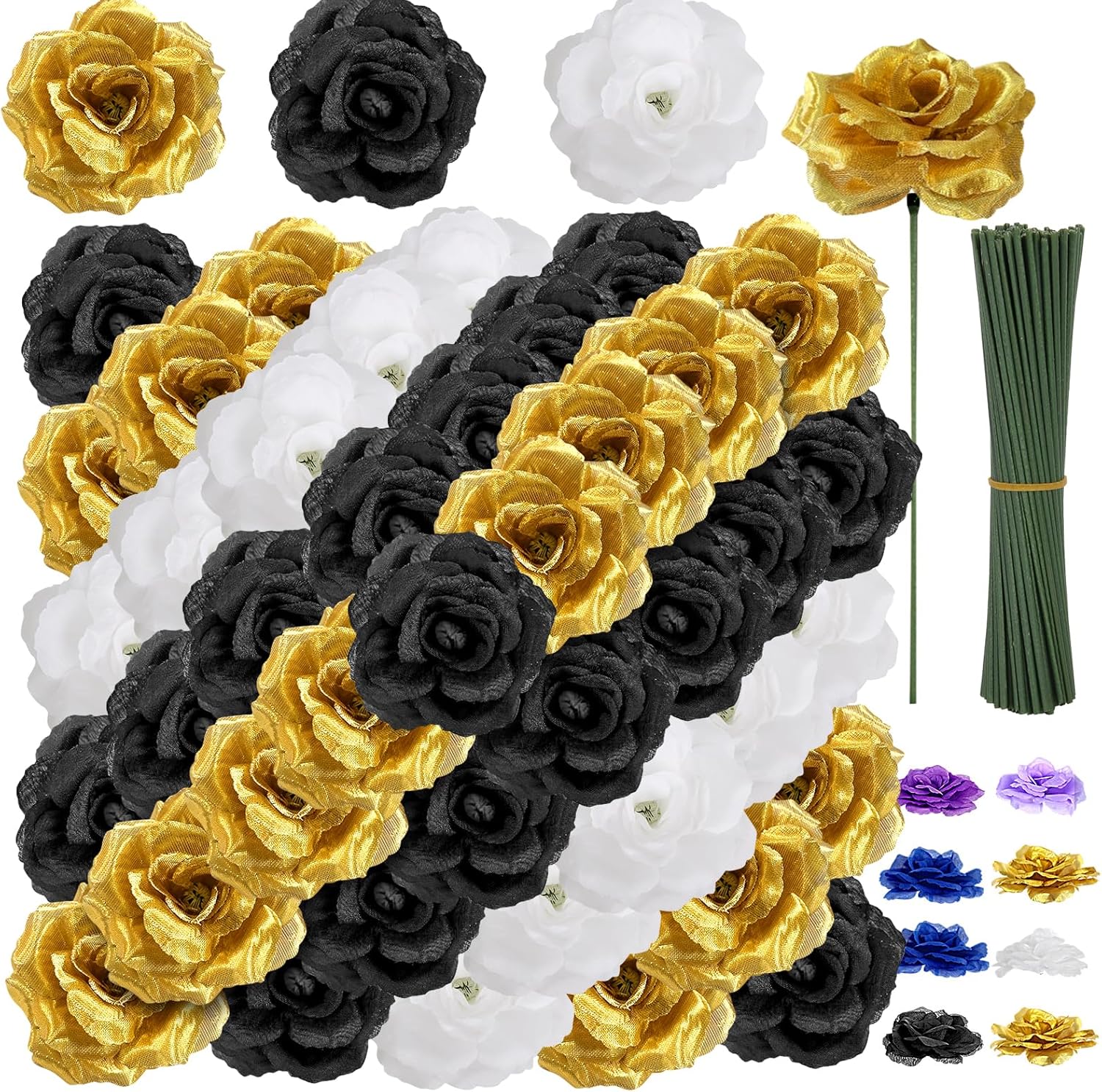 108pcs Roses Head Flowers with Stem - Black Gold White Graduation Artificial Flowers Rose Bulk - Silk Rose Fake Flower for Birthday Wedding Baby Shower Centerpieces Gold Theme Grad Party Tables Decor