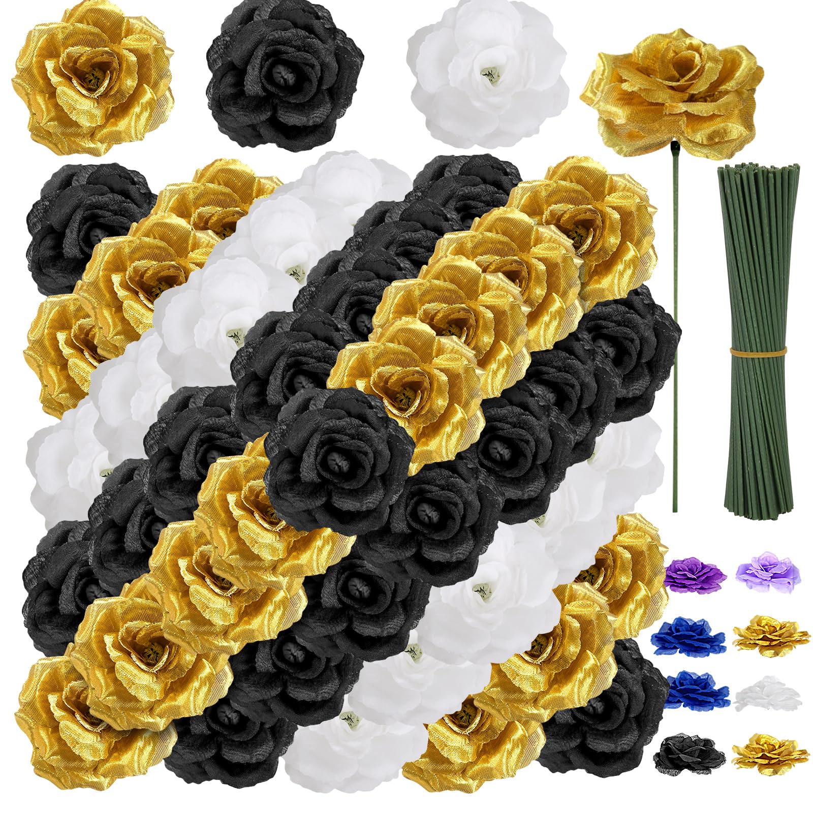 Photo 1 of 108pcs Roses Head Flowers with Stem - Black Gold White Graduation Artificial Flowers Rose Bulk - Silk Rose Fake Flower for Birthday Wedding Baby Shower Centerpieces Gold Theme Grad Party Tables Decor