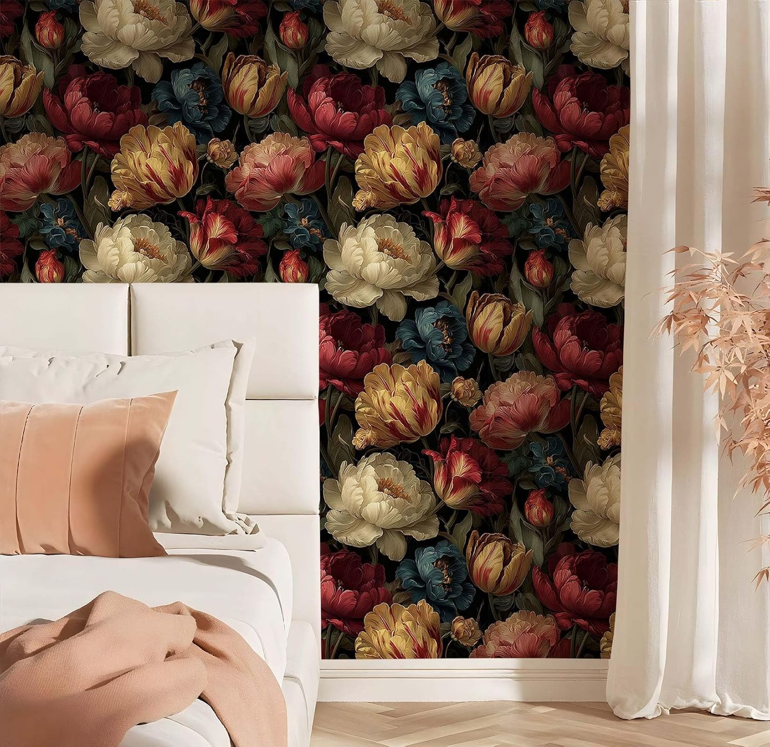Vintage Floral Peel and Stick Wallpaper, Dark Botanical Wallpaper with Large Blooming Flowers for Home Decor | 17.7" x 236", Self-Adhesive, Waterproof Vinyl