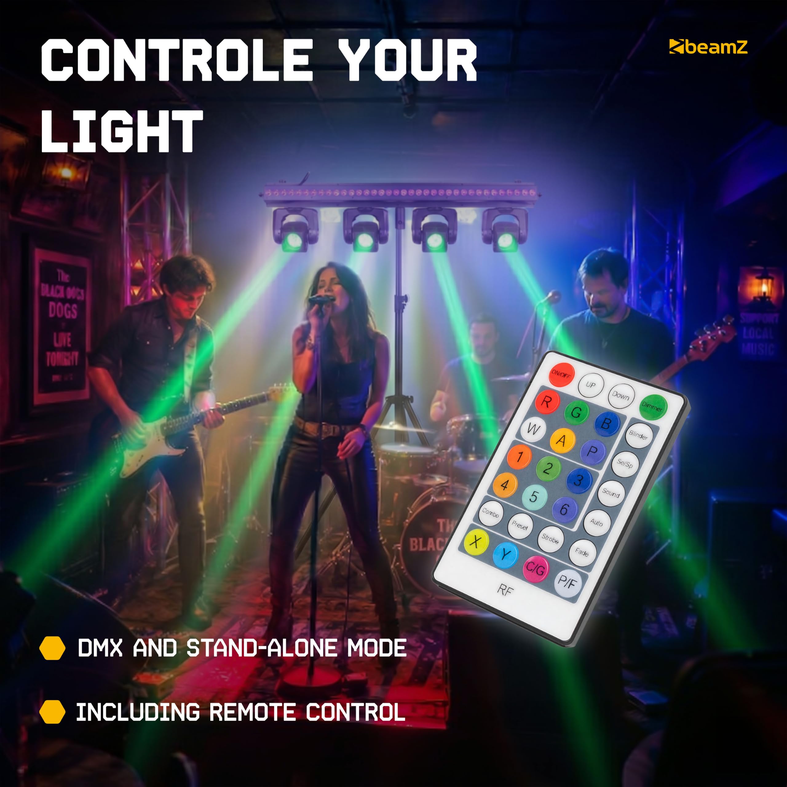 BeamZ Showbar GO Vibe Barre 4 Lyres LED RGBW 160W avec Barre LED et Anneaux LED, Éclairage DJ Scène Animation