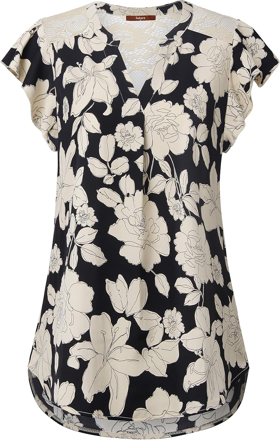 Gaharu Women's Notch V Neck Short Sleeve Chiffon Shirts Casual Lace Blouse Top - Image 2