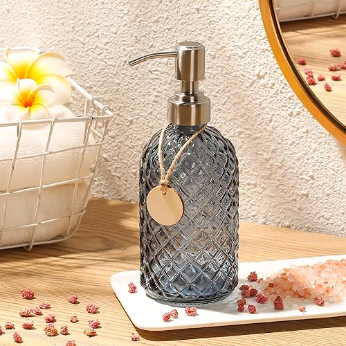 Miniatura 6 de Dispensador de jabón de vidrio transparente de 16 onzas con bomba de acero inoxidable a prueba de óxido para baño y cocina, recargable para jabón de