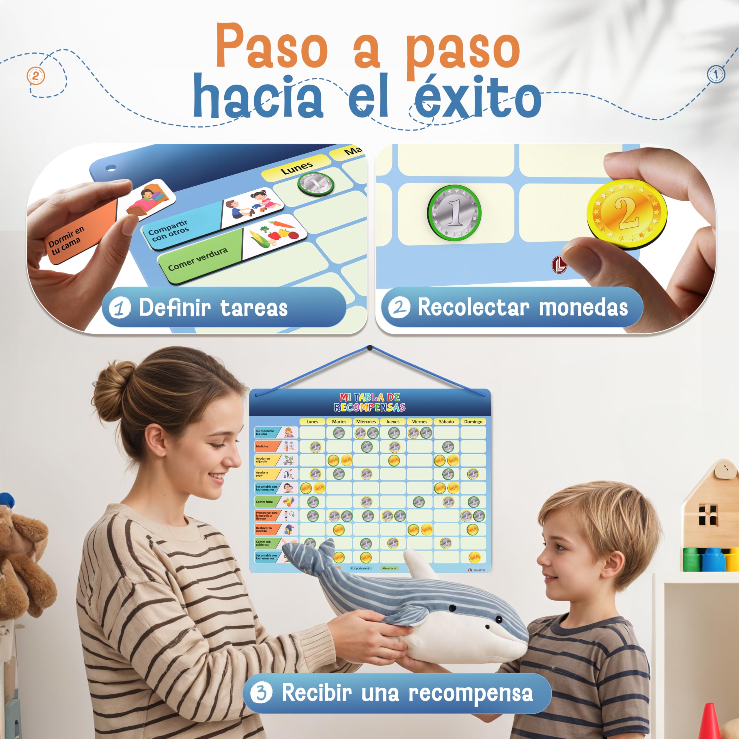 LIKARTO® Tabla de recompensas para niños - Tabla magnética con 280 imanes - Tabla de comportamiento, Rutinas infantiles, Jugar con autonomía, Planificador semanal para niños
