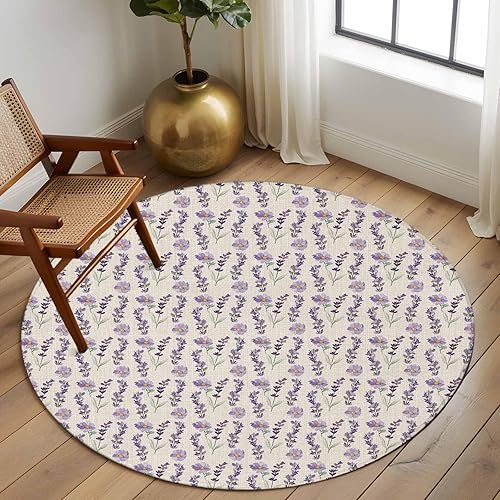 Miniatura 2 de Round Rugs 8ft, Lavender Floral Non-Slip Area Rugs for Living Room Bedroom Entryway, Summer Pastoral Watercolor Retro Flowers Washable Carpet Runner