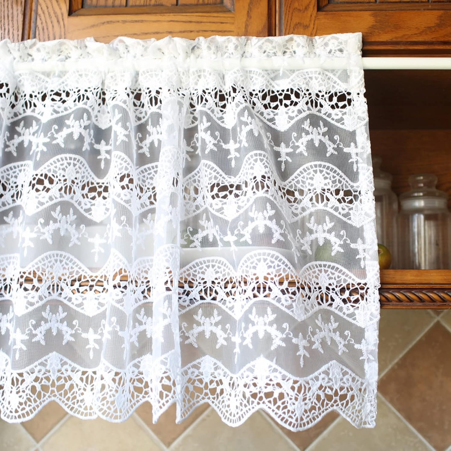 Short Curtain for Small Window Sheer Transparent White Lace Hollow Embroidery Voile Curtain Valance Drapes Half Curtain for Kitchen Café Bedroom Cabinet Curtain Door Curtain