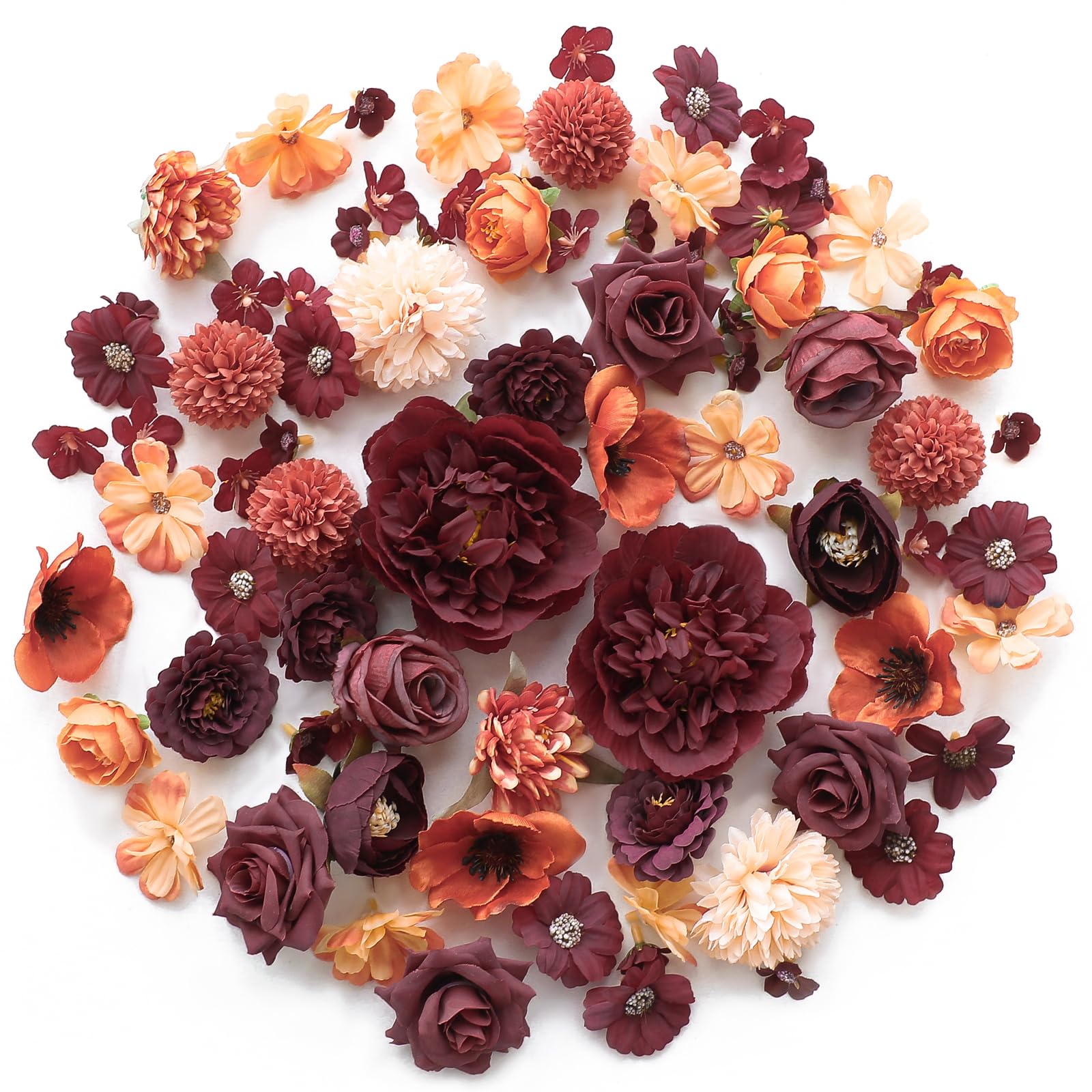 Photo 1 of Floroom Mini Artificial Flower Heads Burnt Orange & Burgundy Fake Peony Daisy Rose Multicolor Small Faux Silk Flower Heads for Cake Craft Garland Wedding Party Graduation Cap DIY Home Decoration