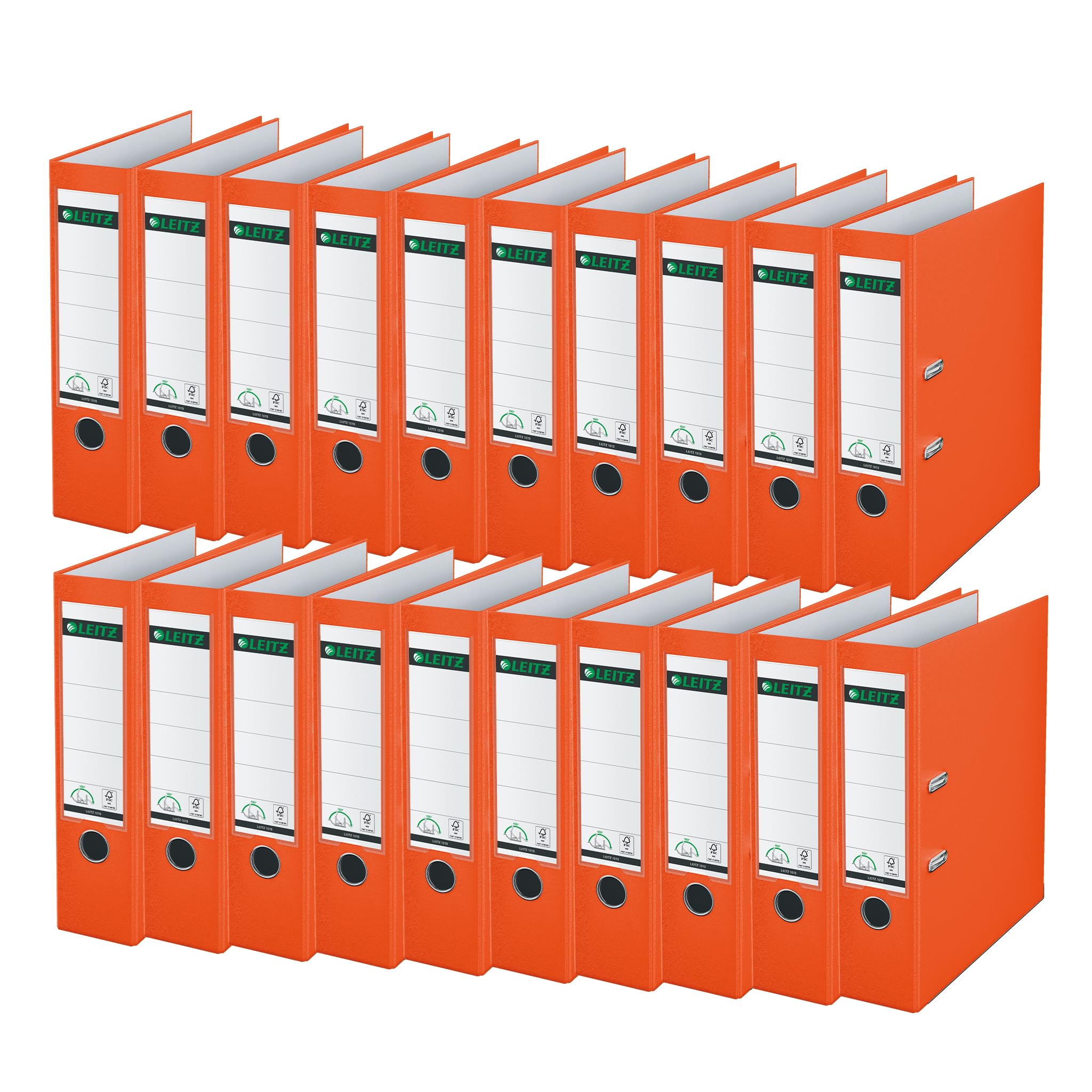 Leitz Qualitäts-Ordner 180° Plastik, 20er Pack, das Original, DIN A4 Aktenordner 8 cm breit, 90% Recycling-Karton, 30% Pre-Consumer Recycling-Kunststoff, Mit 180° Mechanik, 600 Blatt, Orange, 10105045
