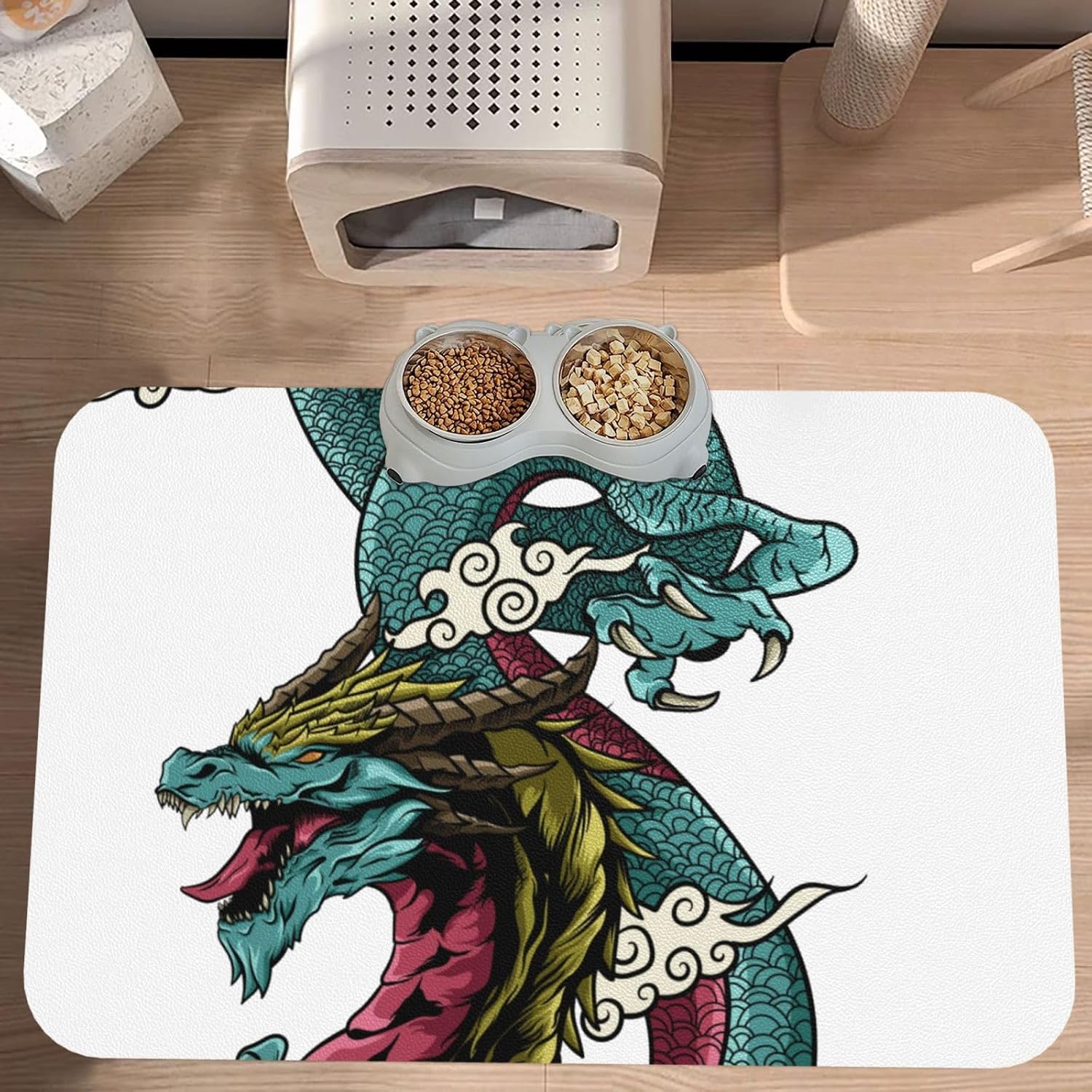 Cool Dragon Pattern Leather Absorbent Pet Feeding Mat Non-Slip for Dogs Cats 40x60cm