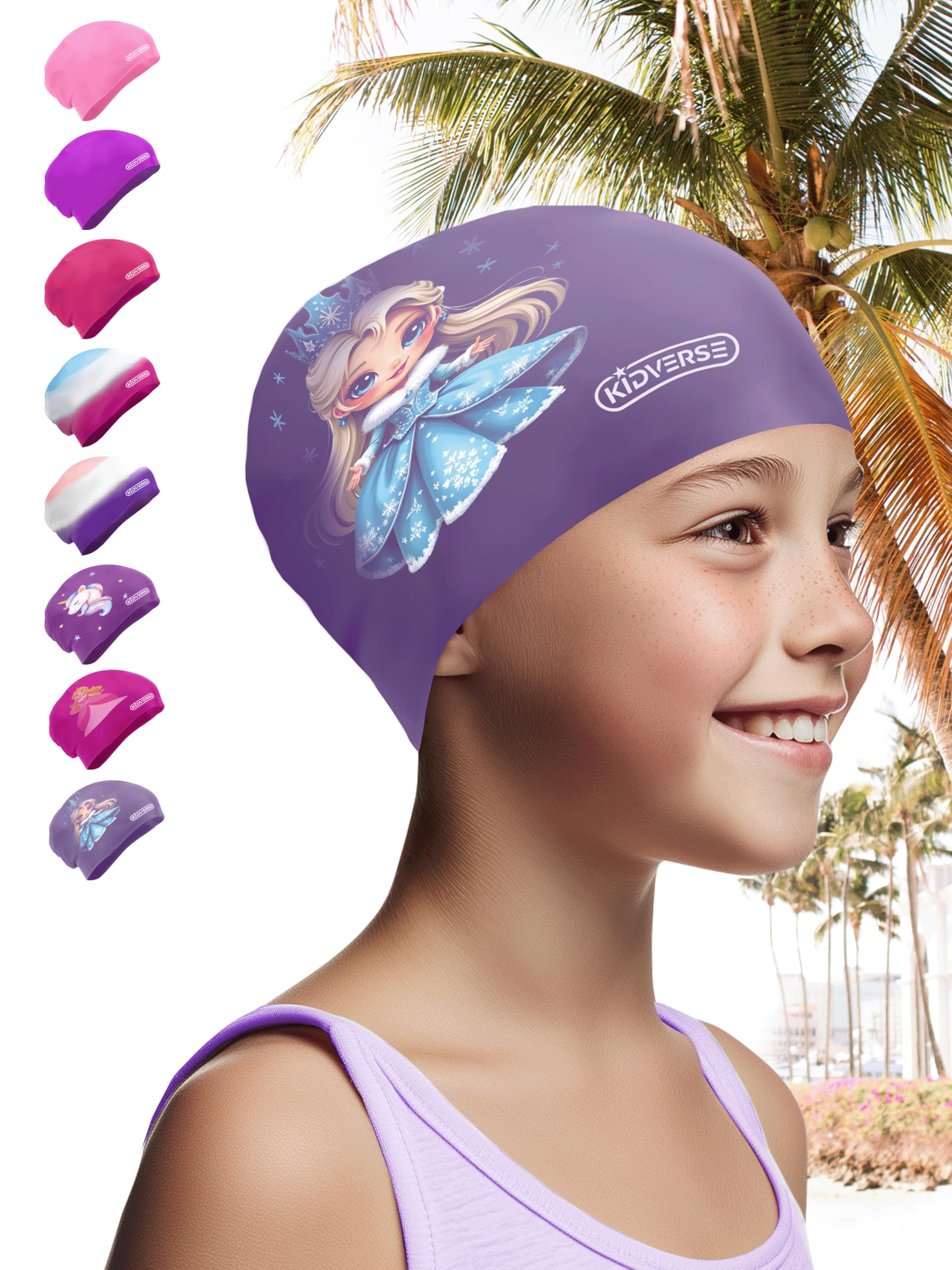 KIDVERSE Waterproof Kids Swimming Cap for Girls Swim Hat with Anti-Slip Grips - Comfortable Silicone Swim Cap Girls - Childrens Swimming Hat Kids with UV Protection