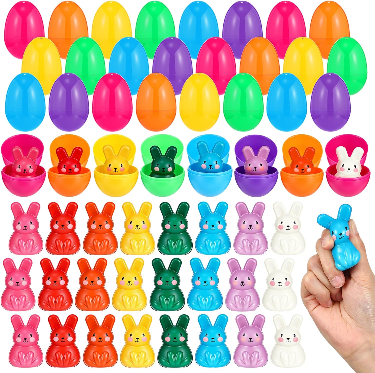 Shappy Easter Basket Stuffers 24 Pack Prefilled Eggs with Bunny Stress Balls Fidget Toys 8 Color Rabbit Relief Balls for Boys Girls Easter Egg Fillers Hunt Party Favors Gifts