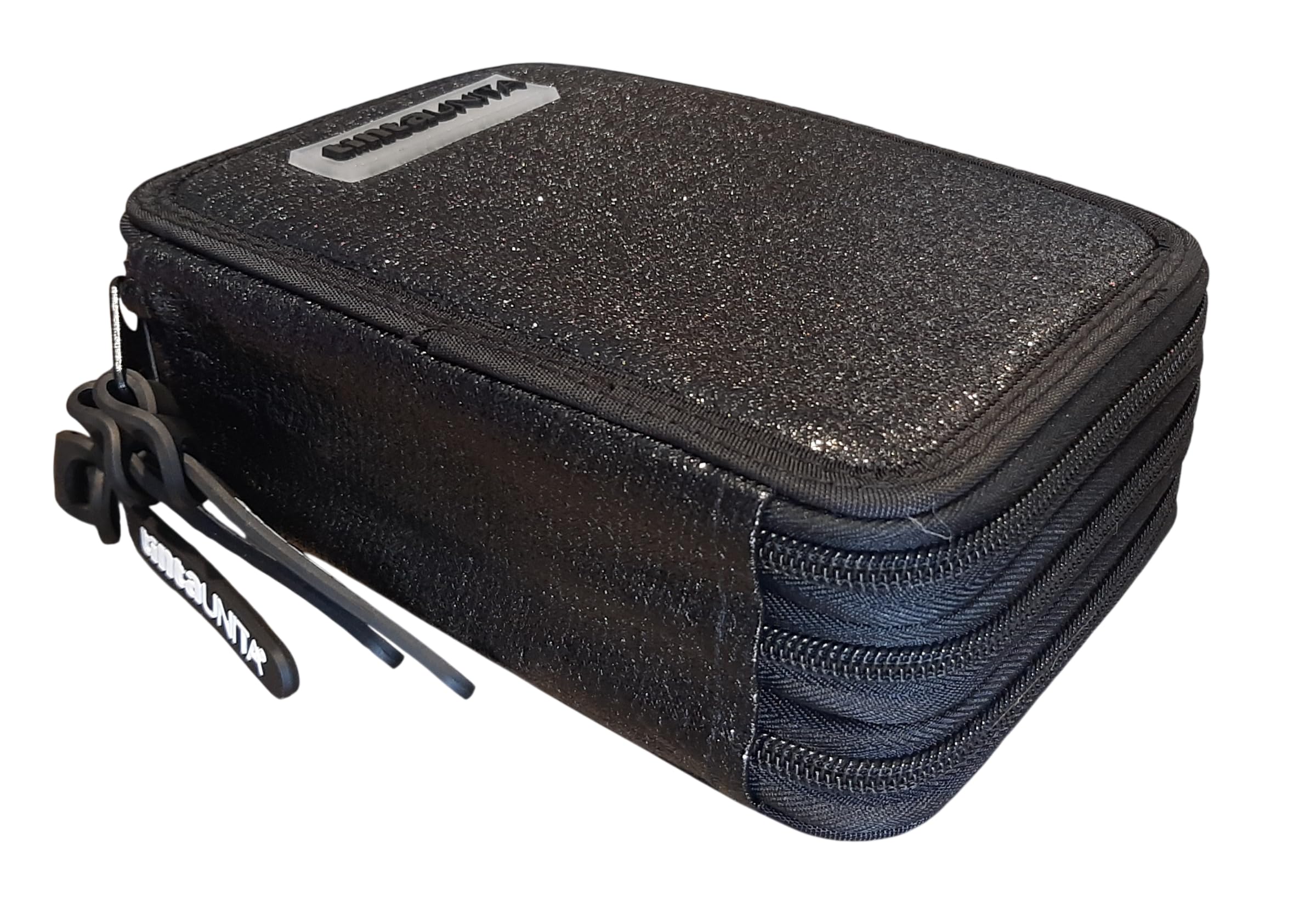 PRESTIGE & DELUXE Estuche completo de color liso con 3 cremalleras, color negro, glamoroso, elegante, con estuche ovalado con cremallera para la escuela, para niña y niña + llavero y bolígrafo de