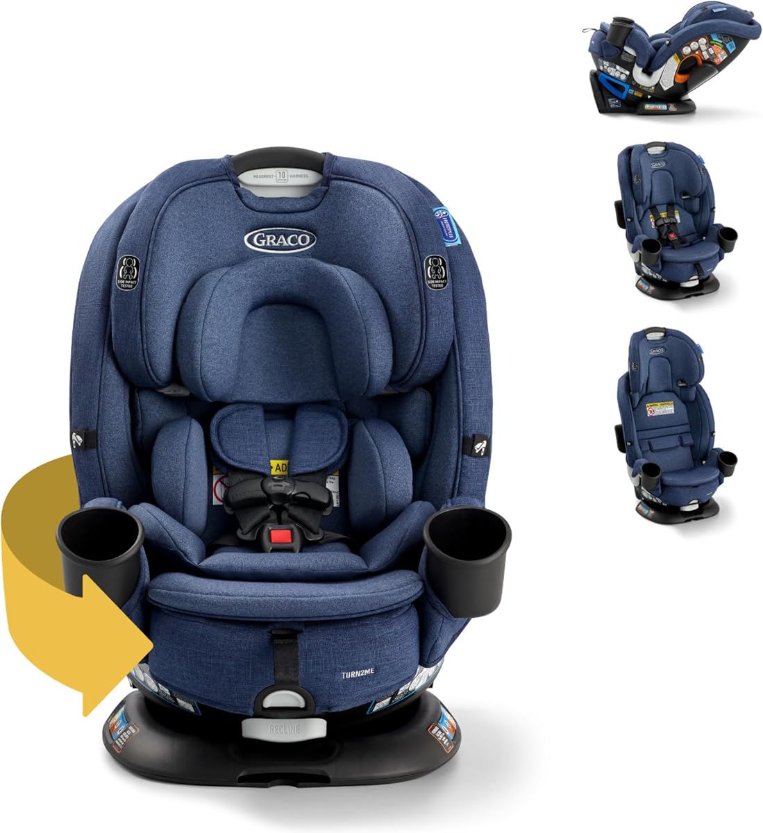 Graco Turn2Me Asiento convertible giratorio 3 en 1 para automóvil, Brighton, solo rotación orientada hacia atrás, modo orientado hacia adelante, elevador con respaldo alto de hasta 100 lbs, reposacabezas y arnés ajustables, marco reforzado de acero