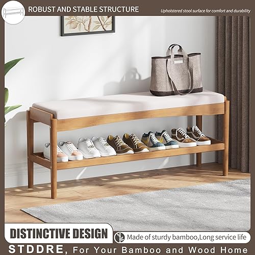 Miniatura 10 de STDDRE Banco de zapatos de entrada de bambú de 2 niveles con cojín de asiento acolchado, banco de zapatos, organizador estable para entrada,
